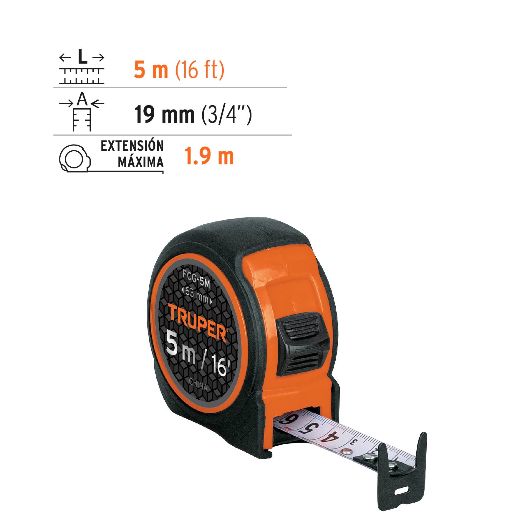 Flexómetro compacto con grip, 5 m, cinta 19 mm