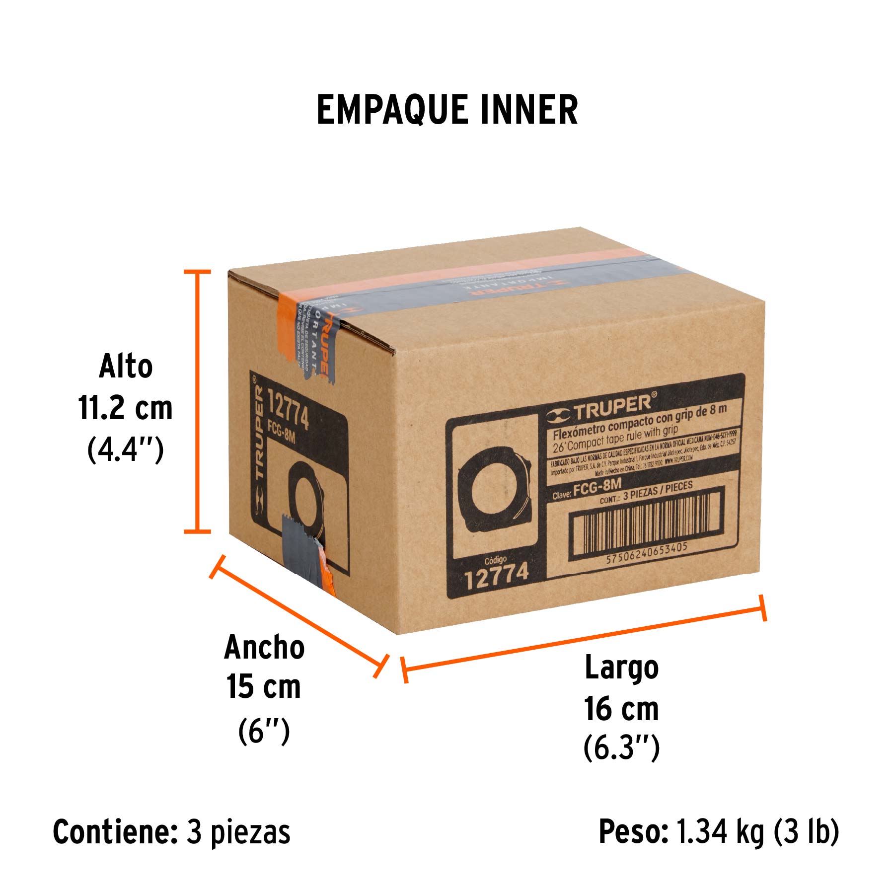 Flexómetro compacto con grip, 8 m, cinta 25 mm