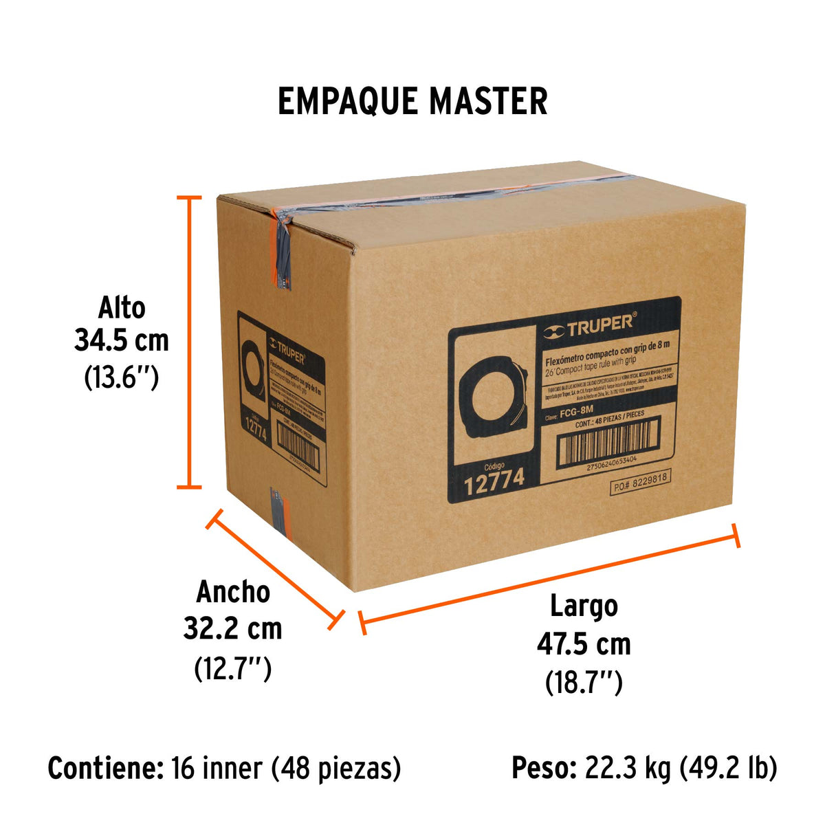 Flexómetro compacto con grip, 8 m, cinta 25 mm