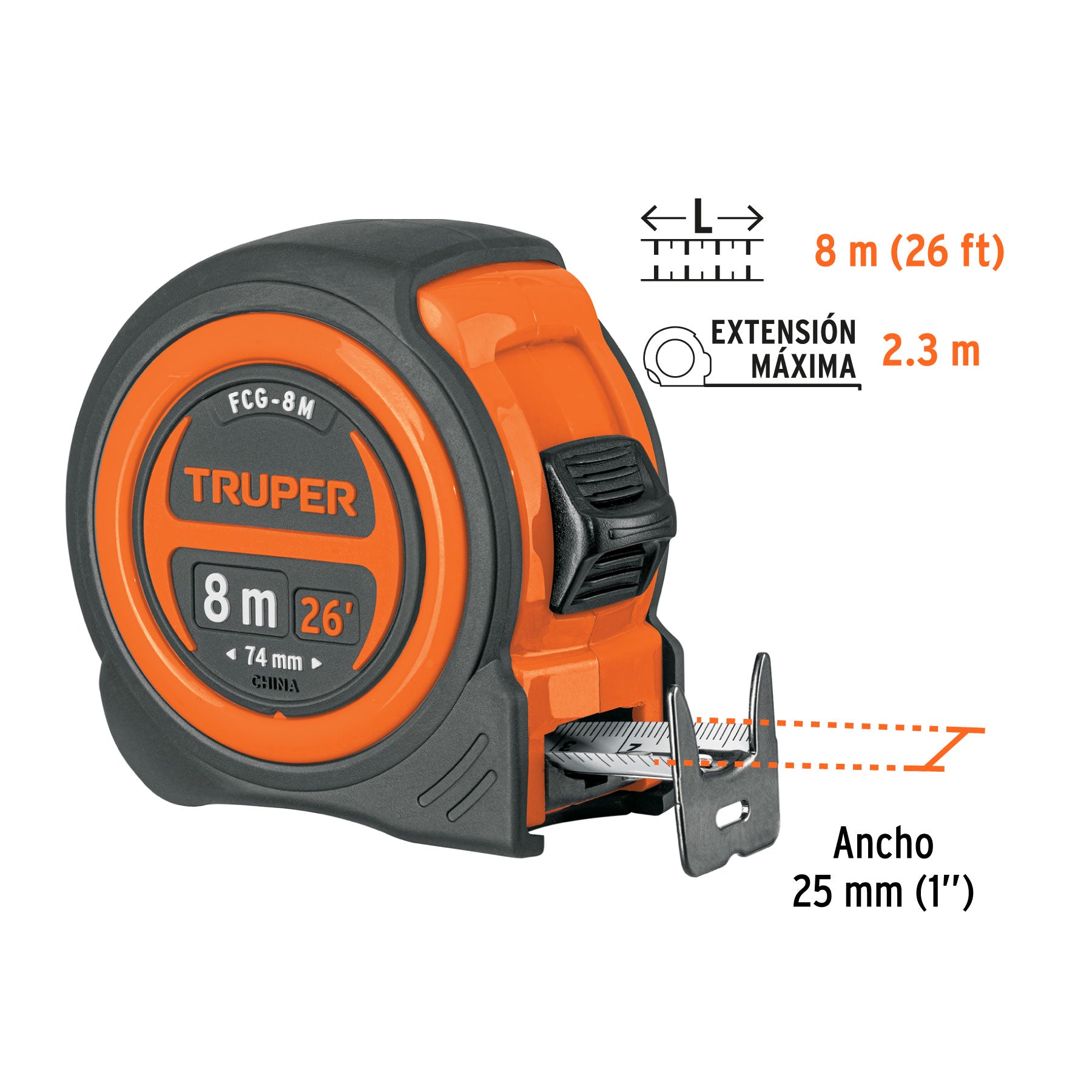 Flexómetro compacto con grip, 8 m, cinta 25 mm
