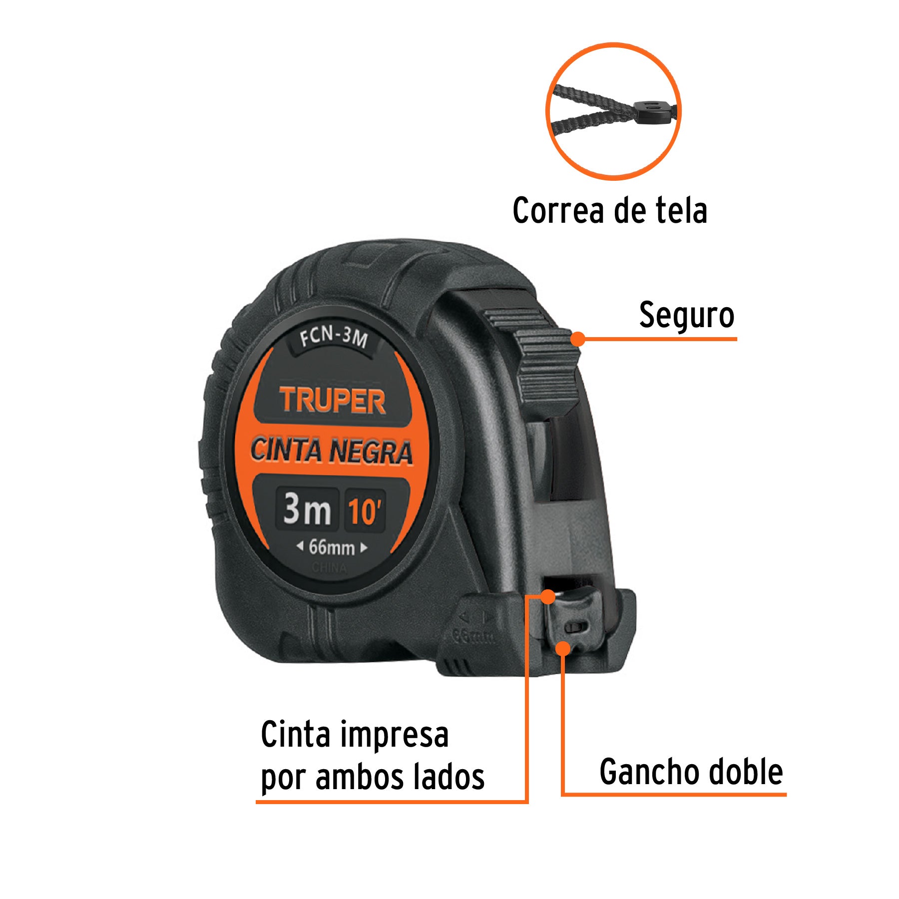 Flexómetro contra impactos 3 m, Cinta Negra 13 mm, Truper