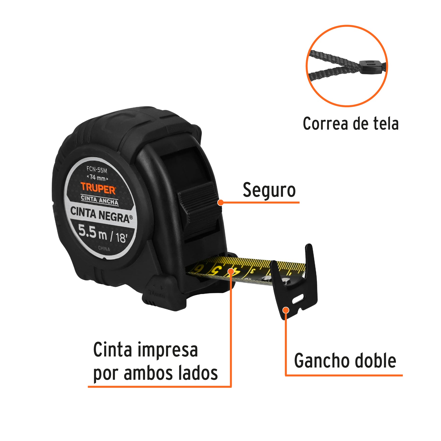 Flexómetro Cinta Negra, 5.5 m, cinta 27 mm