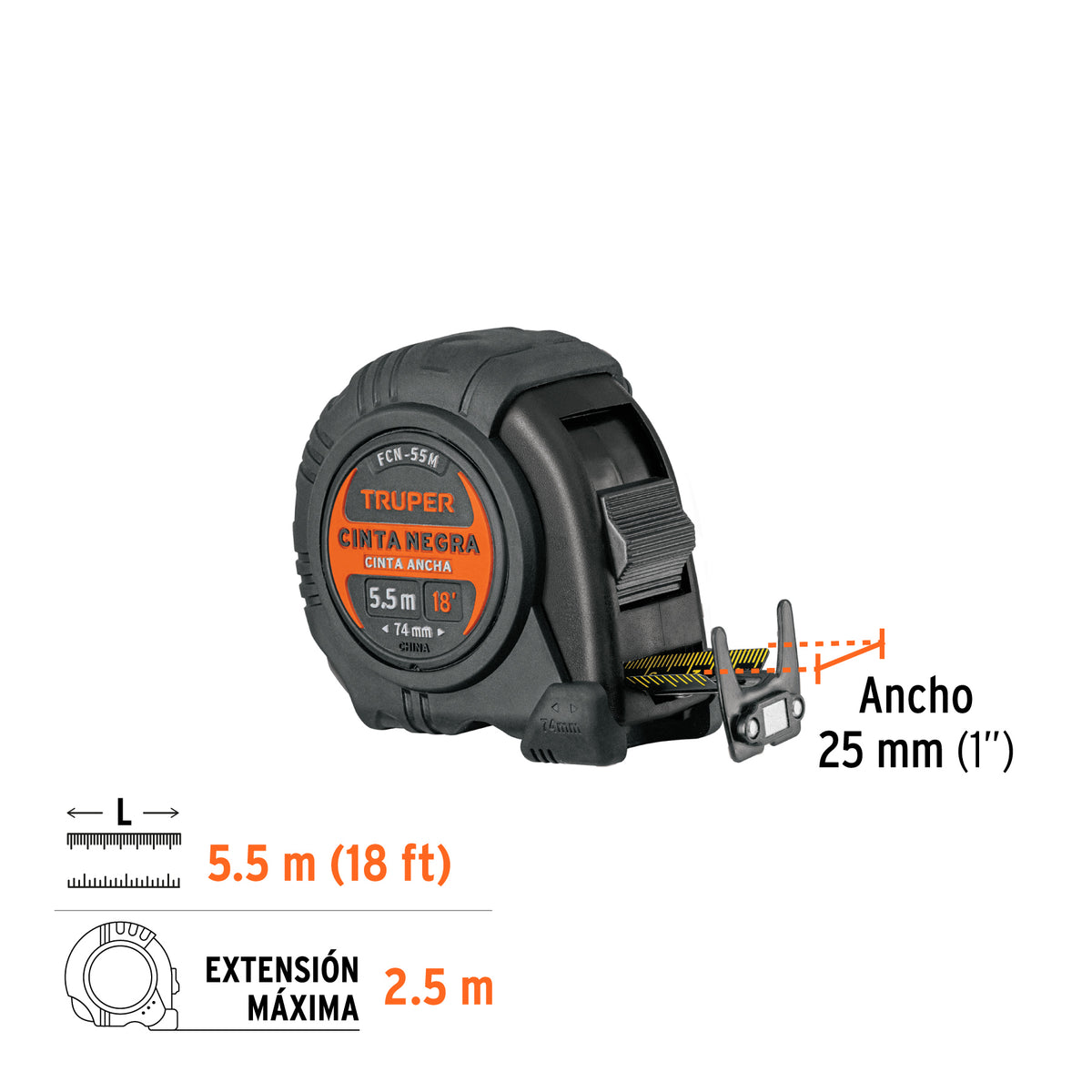 Flexómetro Cinta Negra, 5.5 m, cinta 27 mm