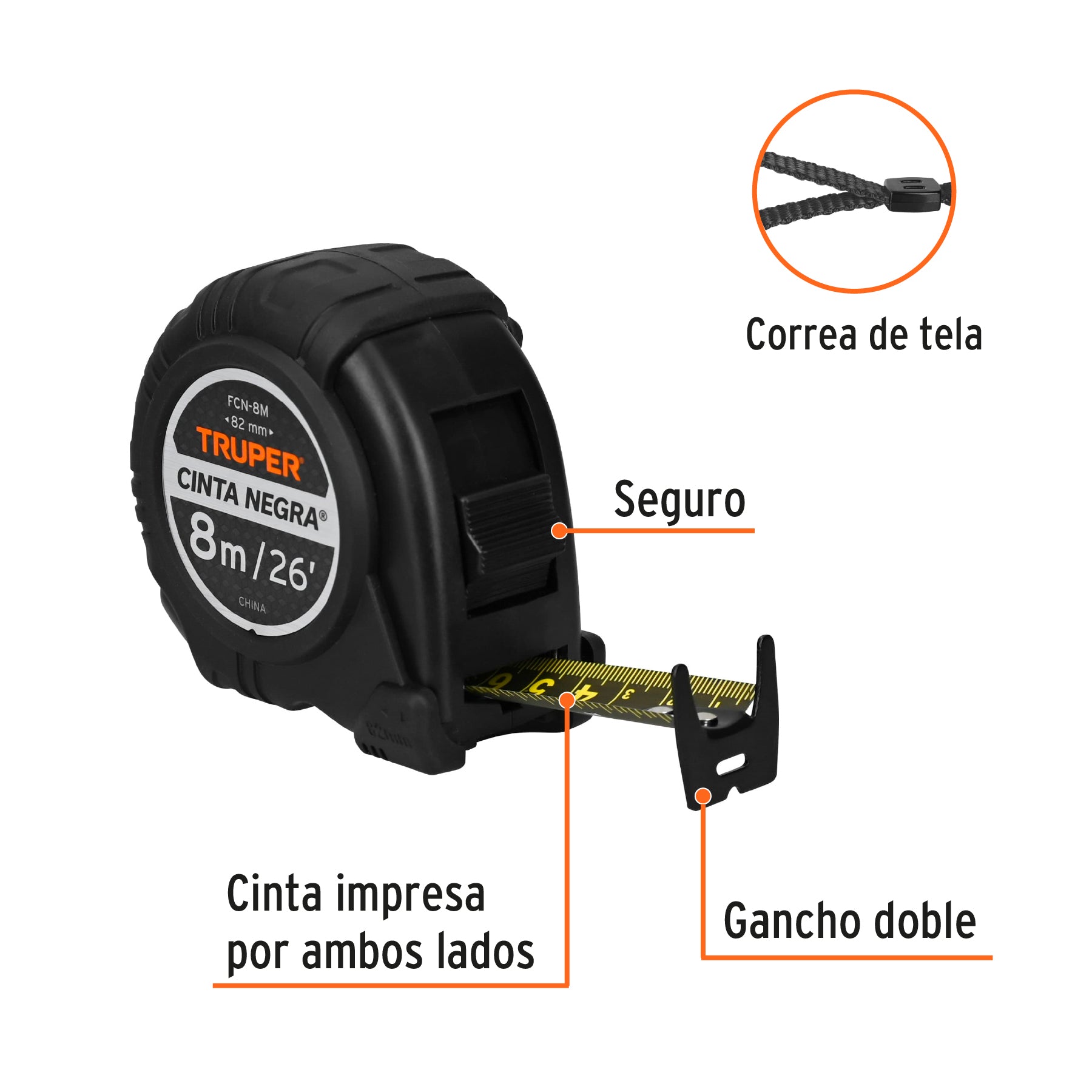 Flexómetro Cinta Negra, 8 m, cinta 27 mm