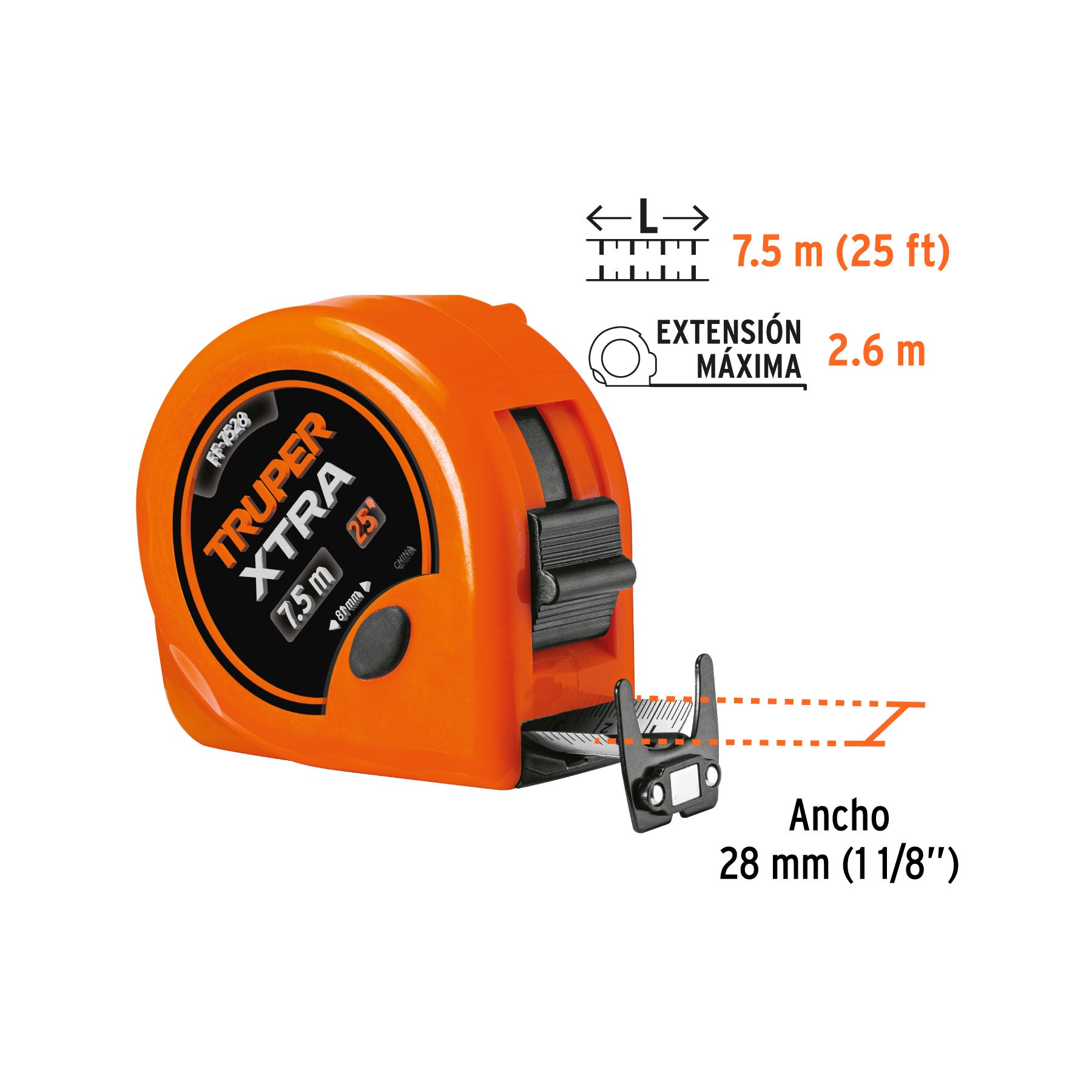 Flexómetro Xtra de 7.5 m, cinta 28 mm