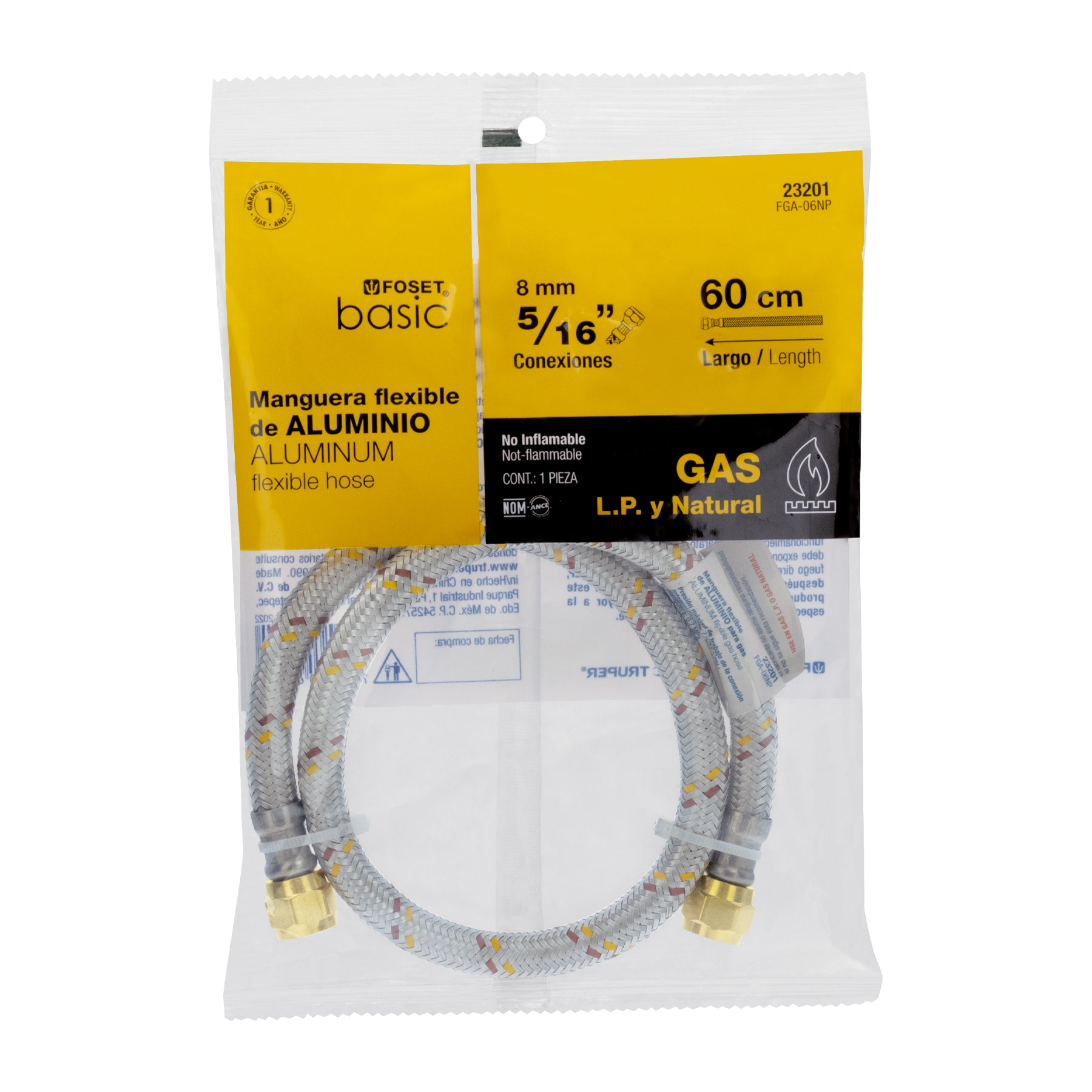 Manguera para gas, aluminio, 5/16" X 60 cm, Foset basic