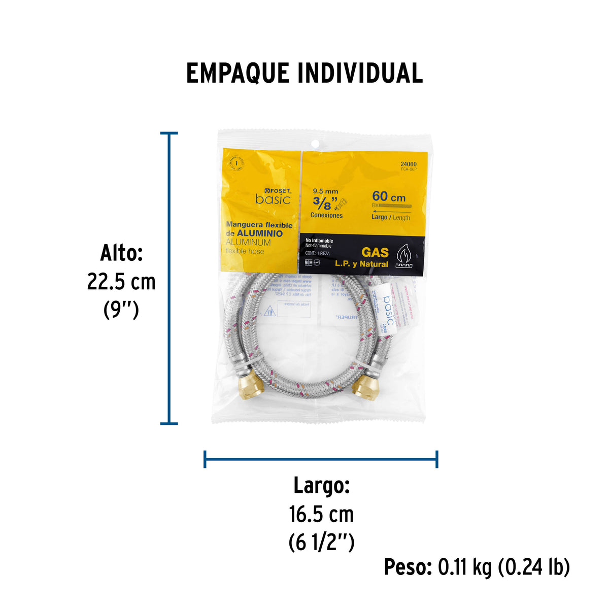 Manguera para gas, aluminio, 3/8" X 60 cm, Foset Basic