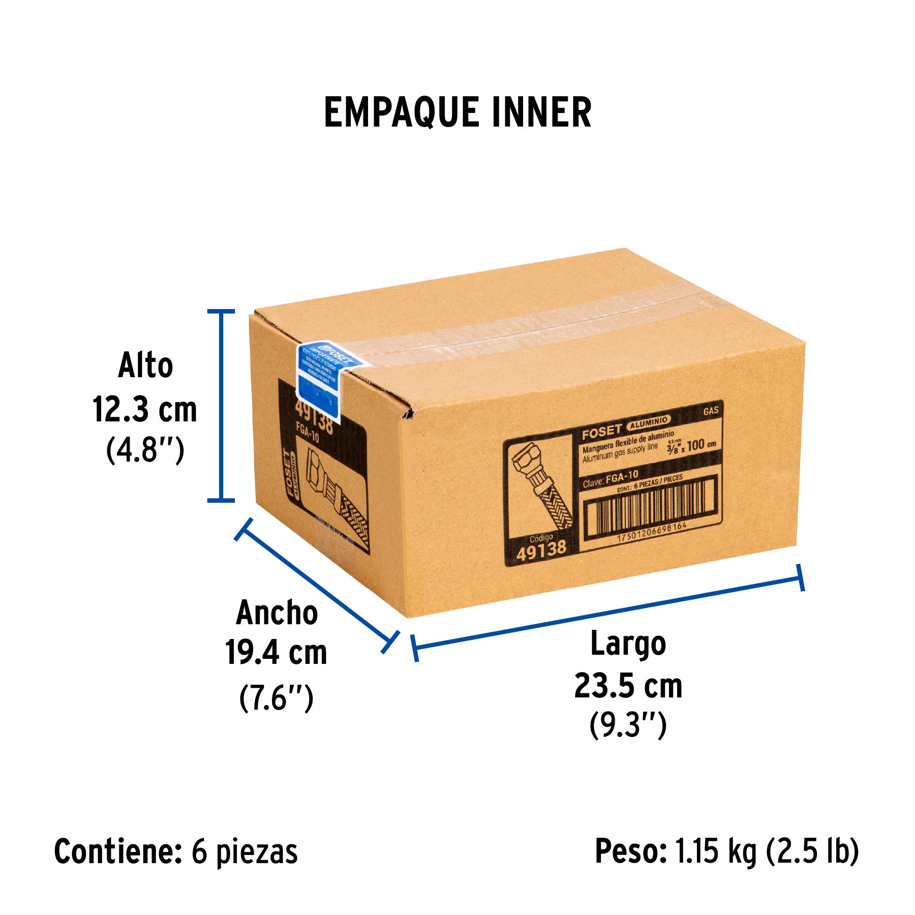 Manguera de hule, 100 cm, revestida aluminio, usos generales