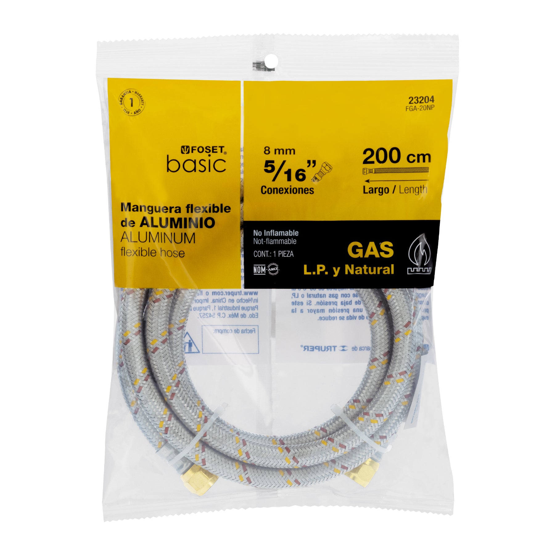 Manguera para gas, aluminio, 5/16" X 200 cm, Foset basic
