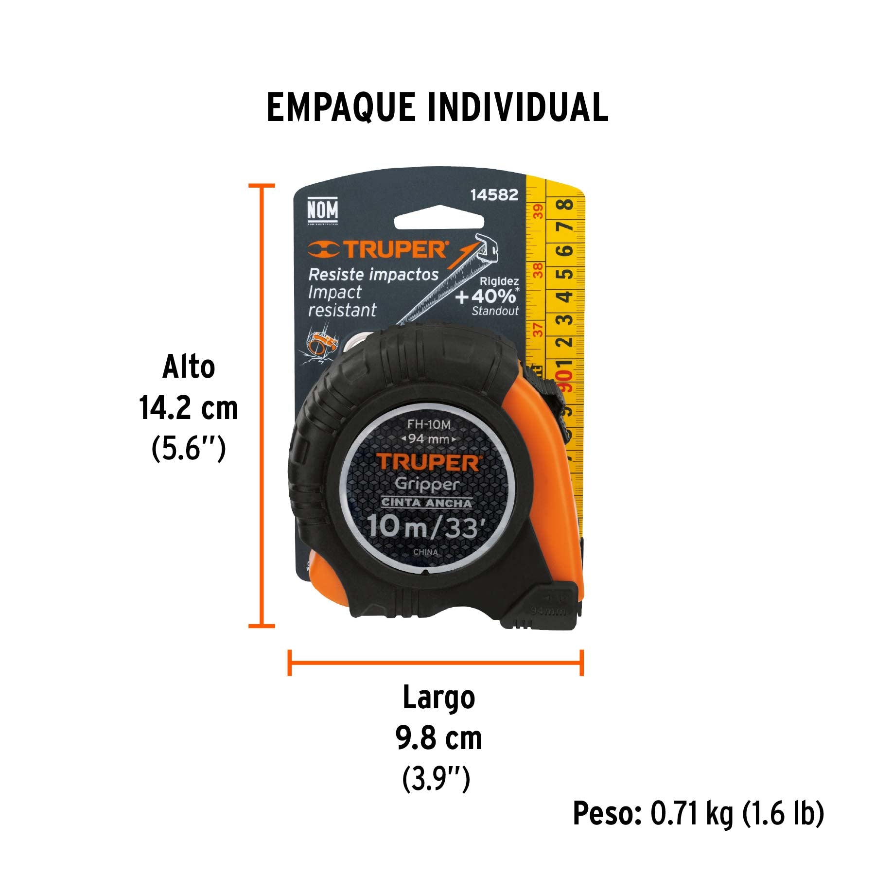 Flexómetro Gripper, contra impacto, 10 m, cinta 32 mm