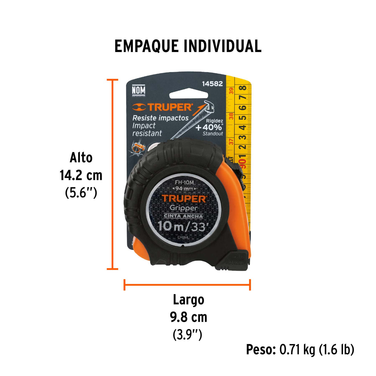 Flexómetro Gripper, contra impacto, 10 m, cinta 32 mm