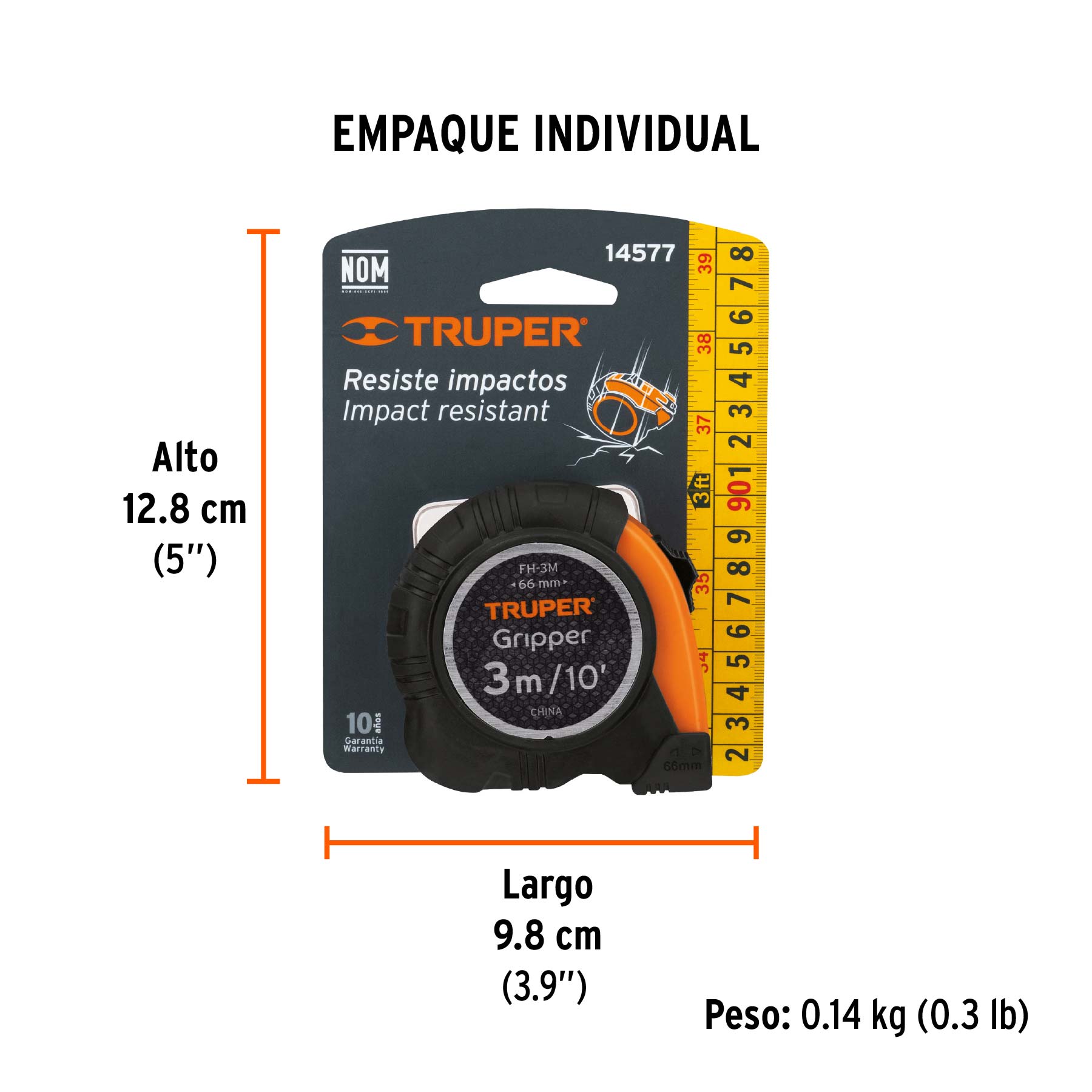 Flexómetro Gripper, contra impacto, 3 m, cinta 13 mm