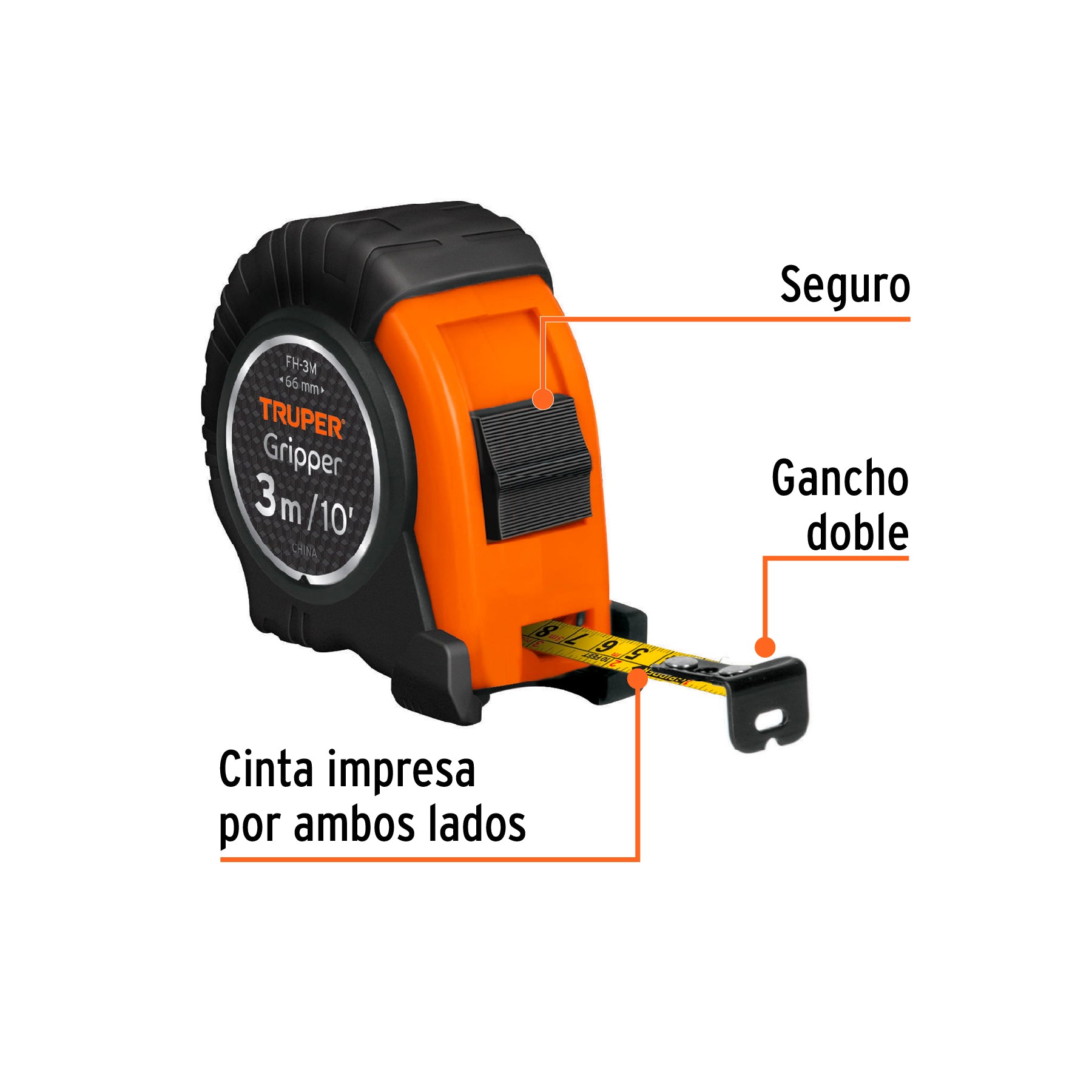 Flexómetro Gripper, contra impacto, 3 m, cinta 13 mm