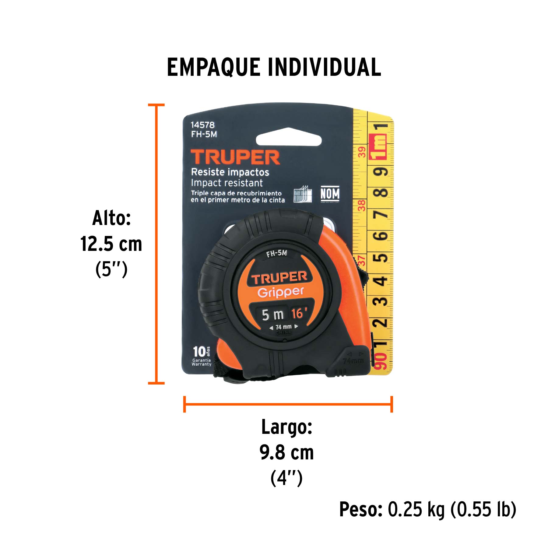 Flexómetro Gripper, contra impacto, 5 m, cinta 19 mm