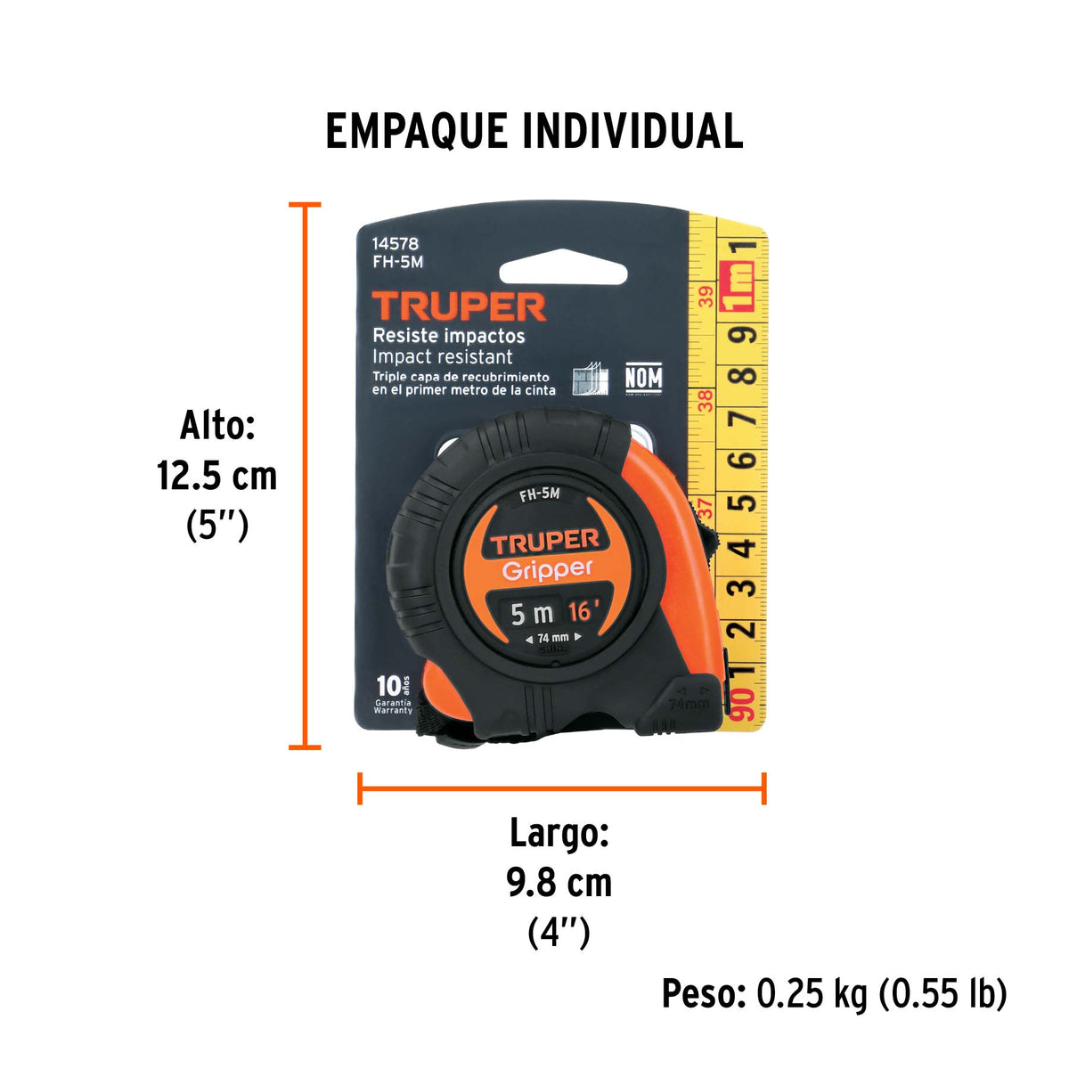 Flexómetro Gripper, contra impacto, 5 m, cinta 19 mm