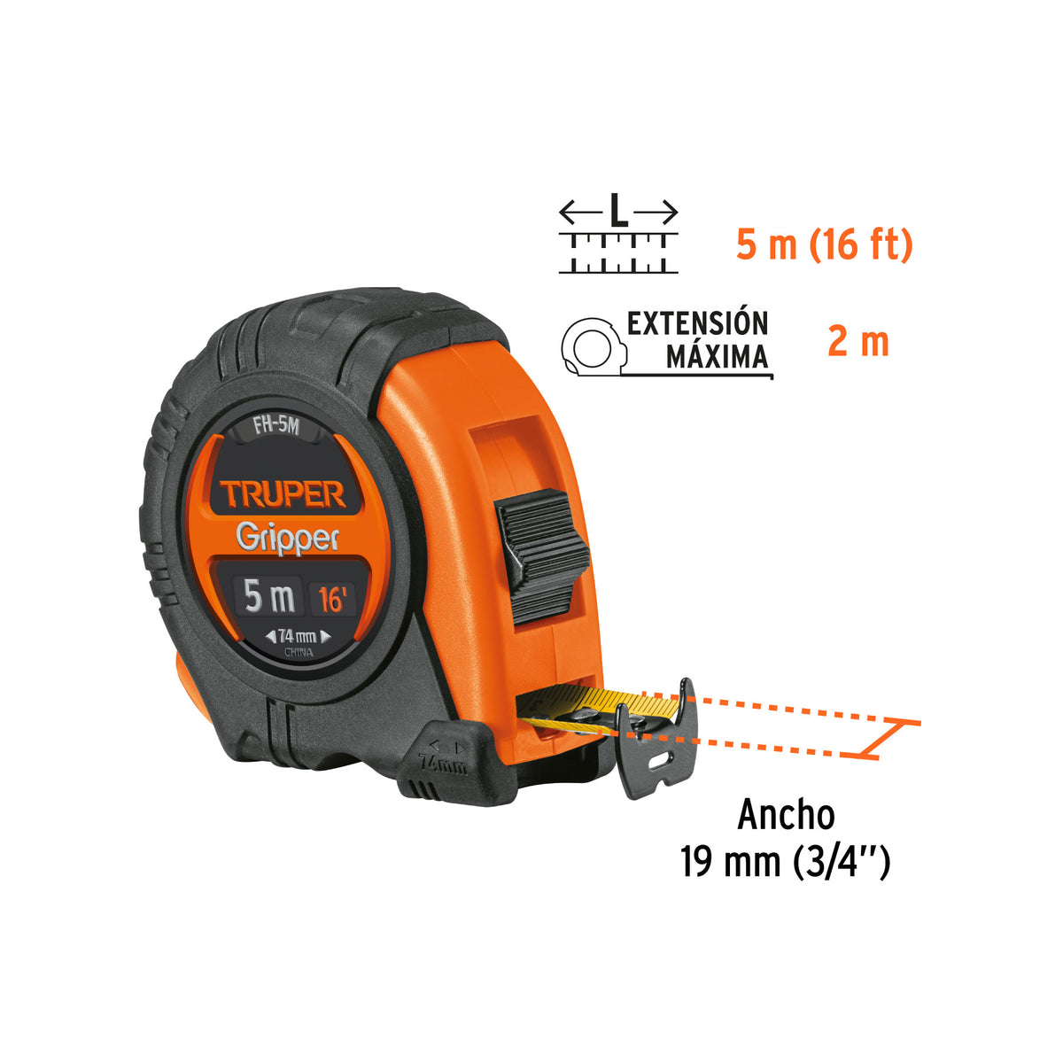 Flexómetro Gripper, contra impacto, 5 m, cinta 19 mm