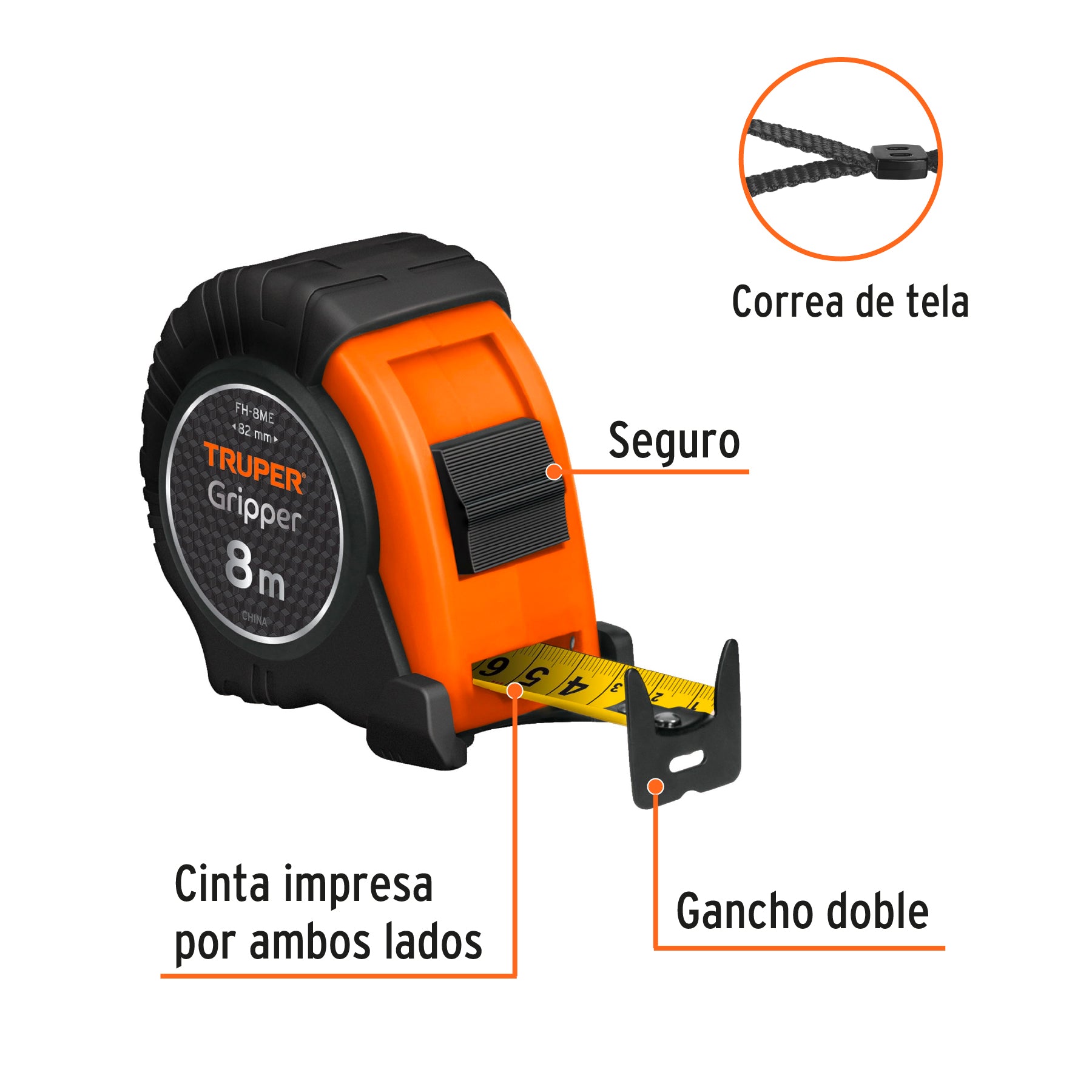 Flexómetro contra impacto, graduación métrica, 8 m, 25 mm