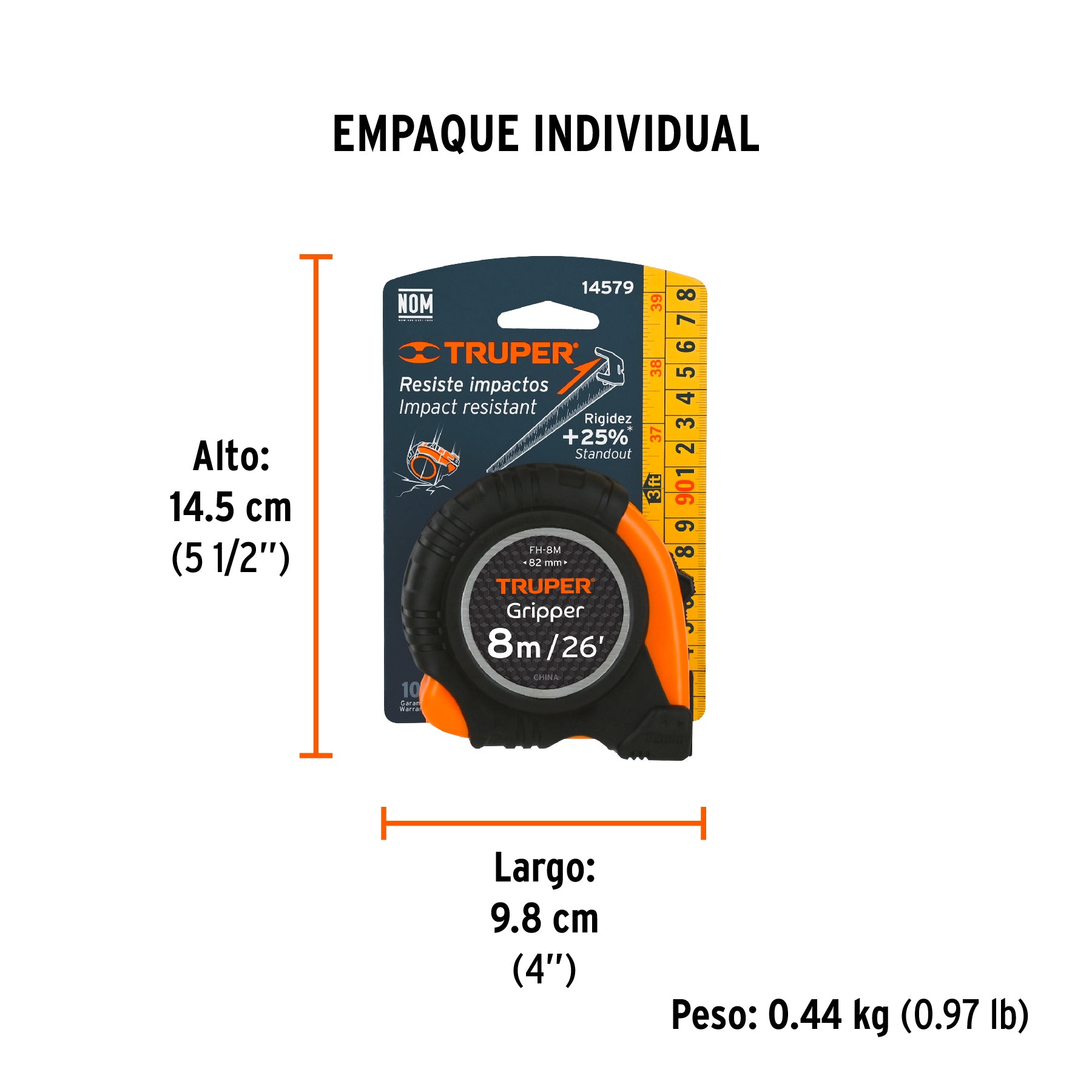 Flexómetro Gripper, contra impacto, 8 m, cinta 25 mm