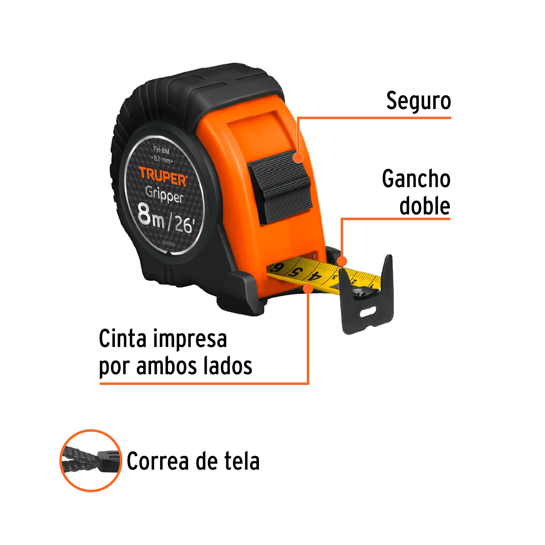 Flexómetro Gripper, contra impacto, 8 m, cinta 25 mm