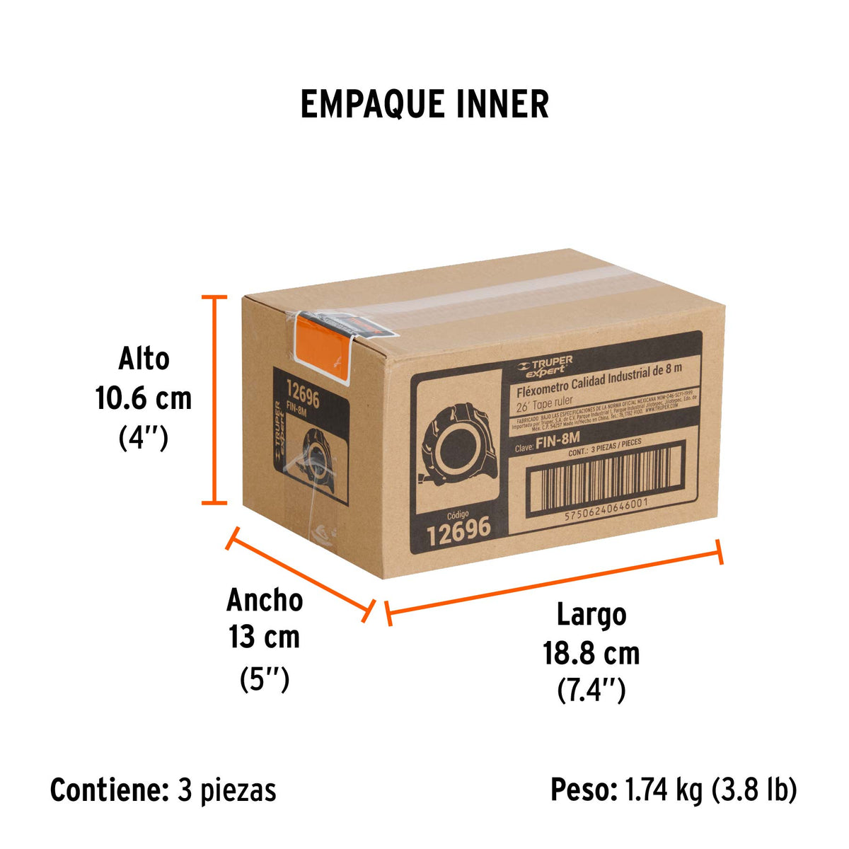 Flexómetro industrial, 8 m, cinta 25 mm