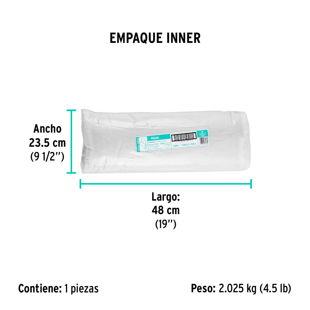 Franela blanca de algodón, rollo 25 m
