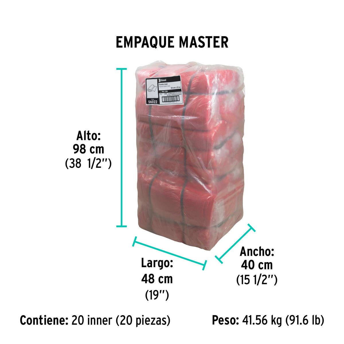 Franela roja de algodón, rollo 25 m