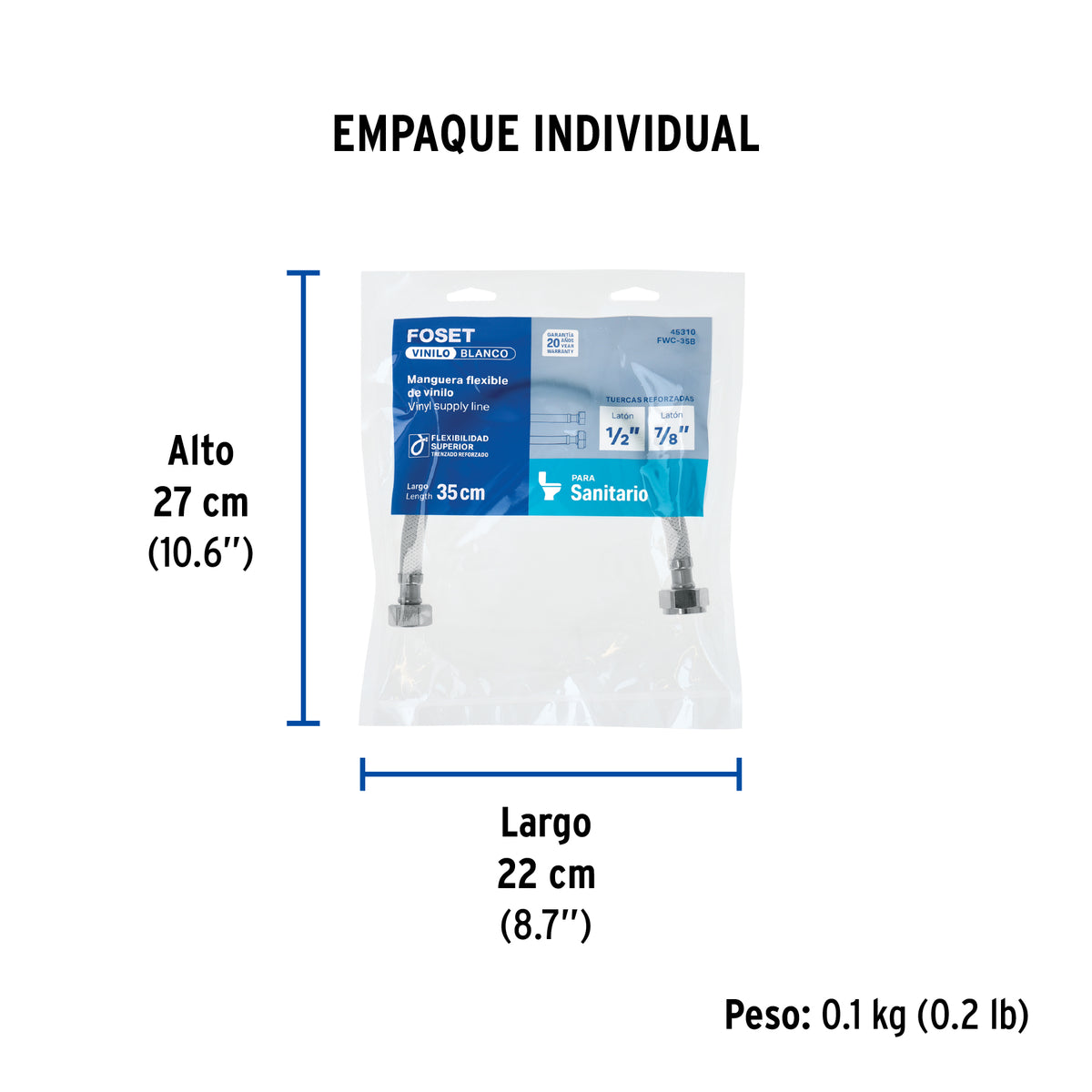 Manguera hule para WC, 35 cm, vinilo blanca, usos generales