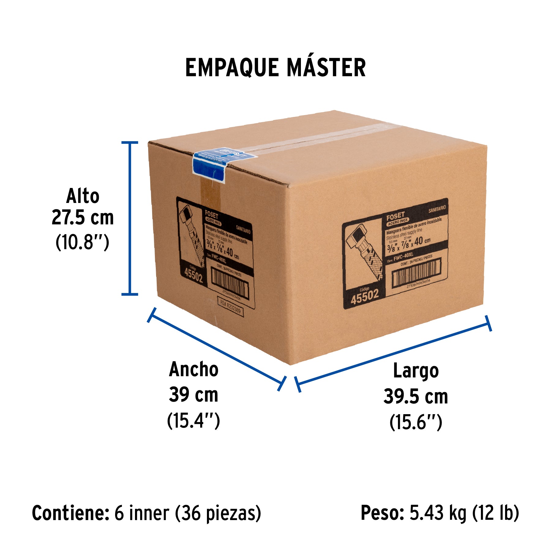 Manguera p/WC, acero inox, 3/8' x 7/8', 40 cm, Foset