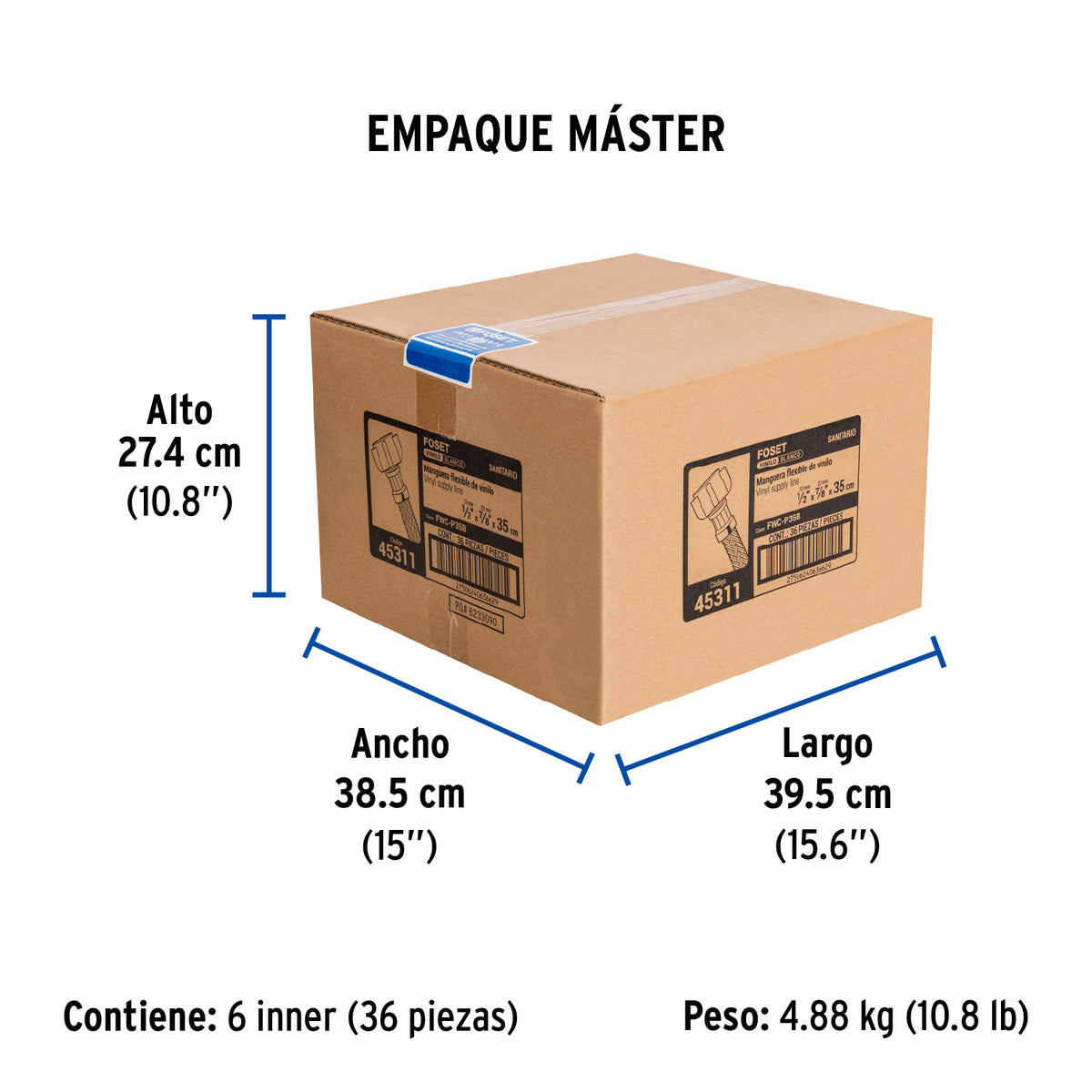 Manguera hule, 35cm,blanca,conector plástico, usos generales