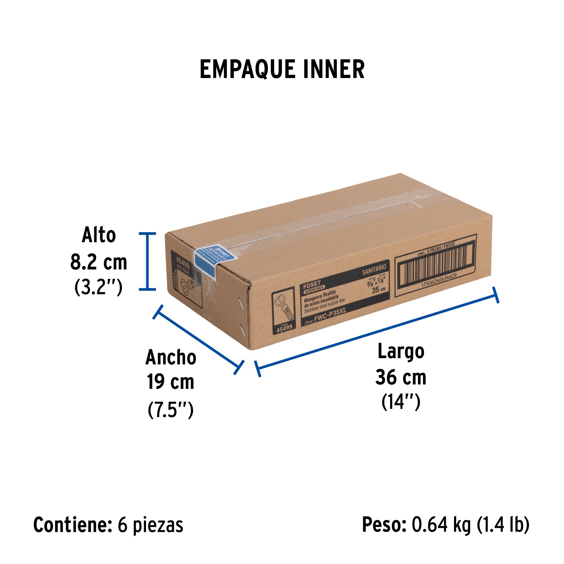 Manguera p/WC, acero inox, 3/8' x 7/8' tuerca plástica, 35cm