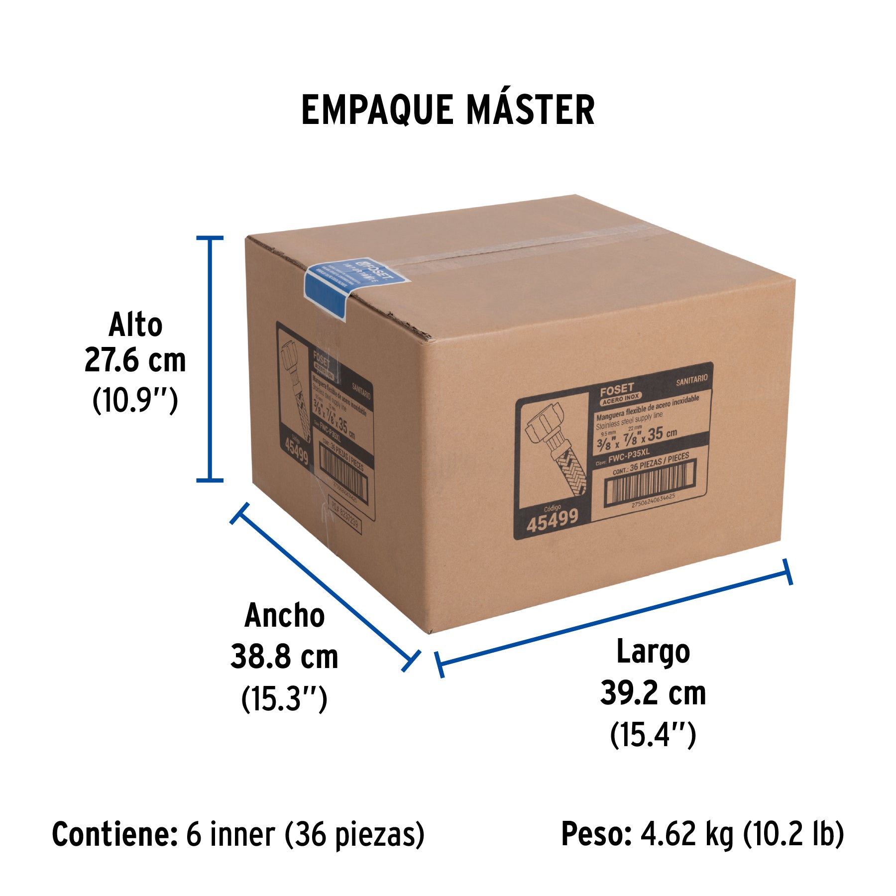 Manguera p/WC, acero inox, 3/8' x 7/8' tuerca plástica, 35cm