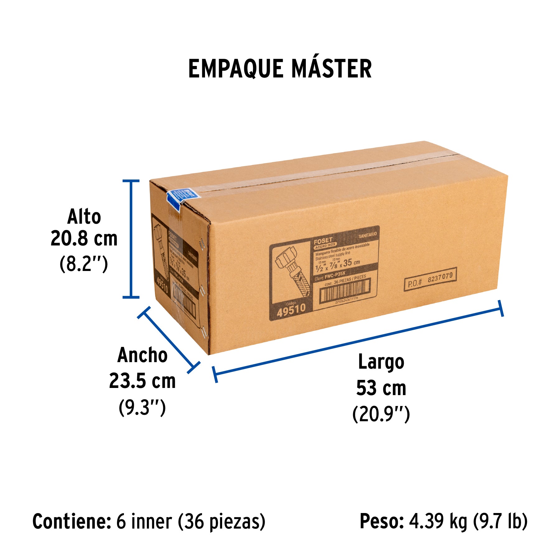 Manguera hule, 35cm,acero,conector plástico, usos generales
