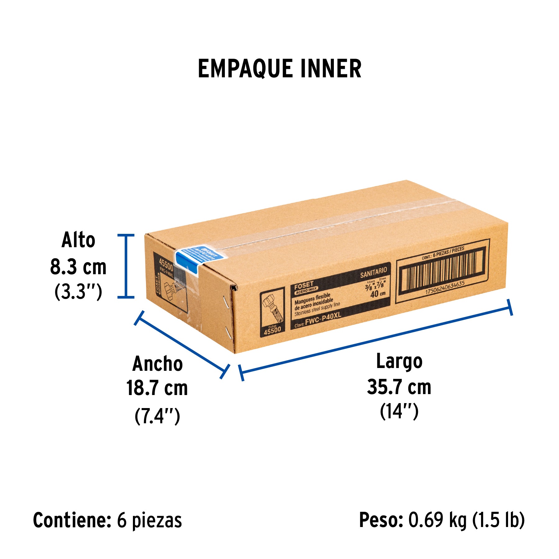 Manguera WC, acero inox, 3/8'x7/8', 40 cm, conector plástico