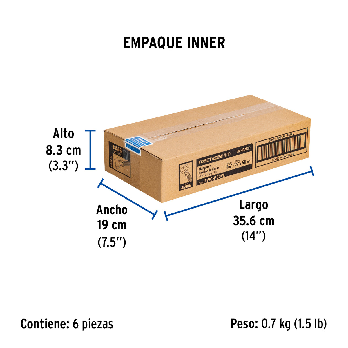 Manguera WC, vinilo, 3/8'x7/8', 50 cm, conector plástico