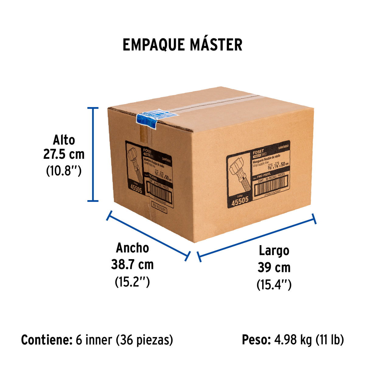 Manguera WC, vinilo, 3/8'x7/8', 50 cm, conector plástico