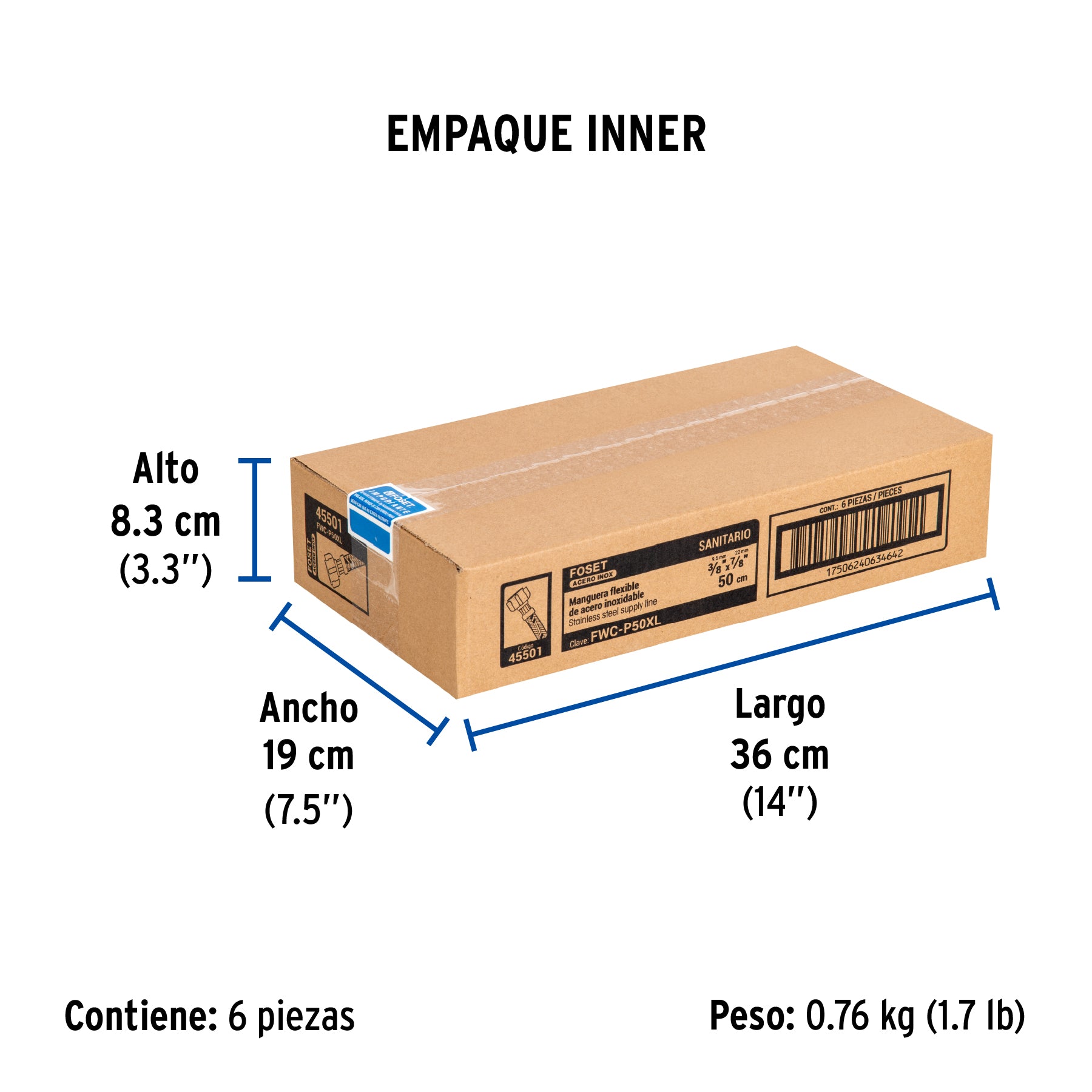 Manguera WC, acero inox, 3/8'x7/8', 50 cm, conector plástico