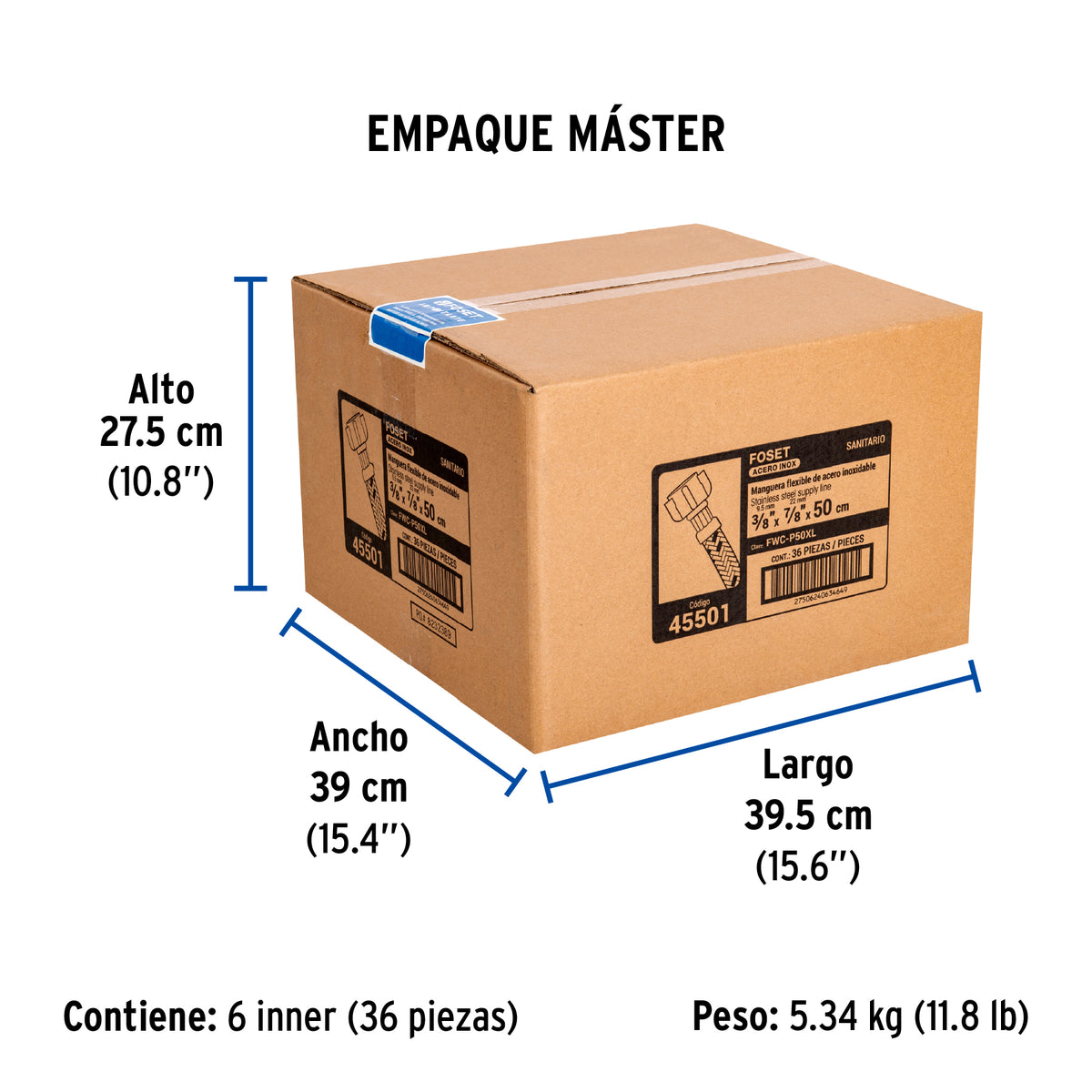 Manguera WC, acero inox, 3/8'x7/8', 50 cm, conector plástico
