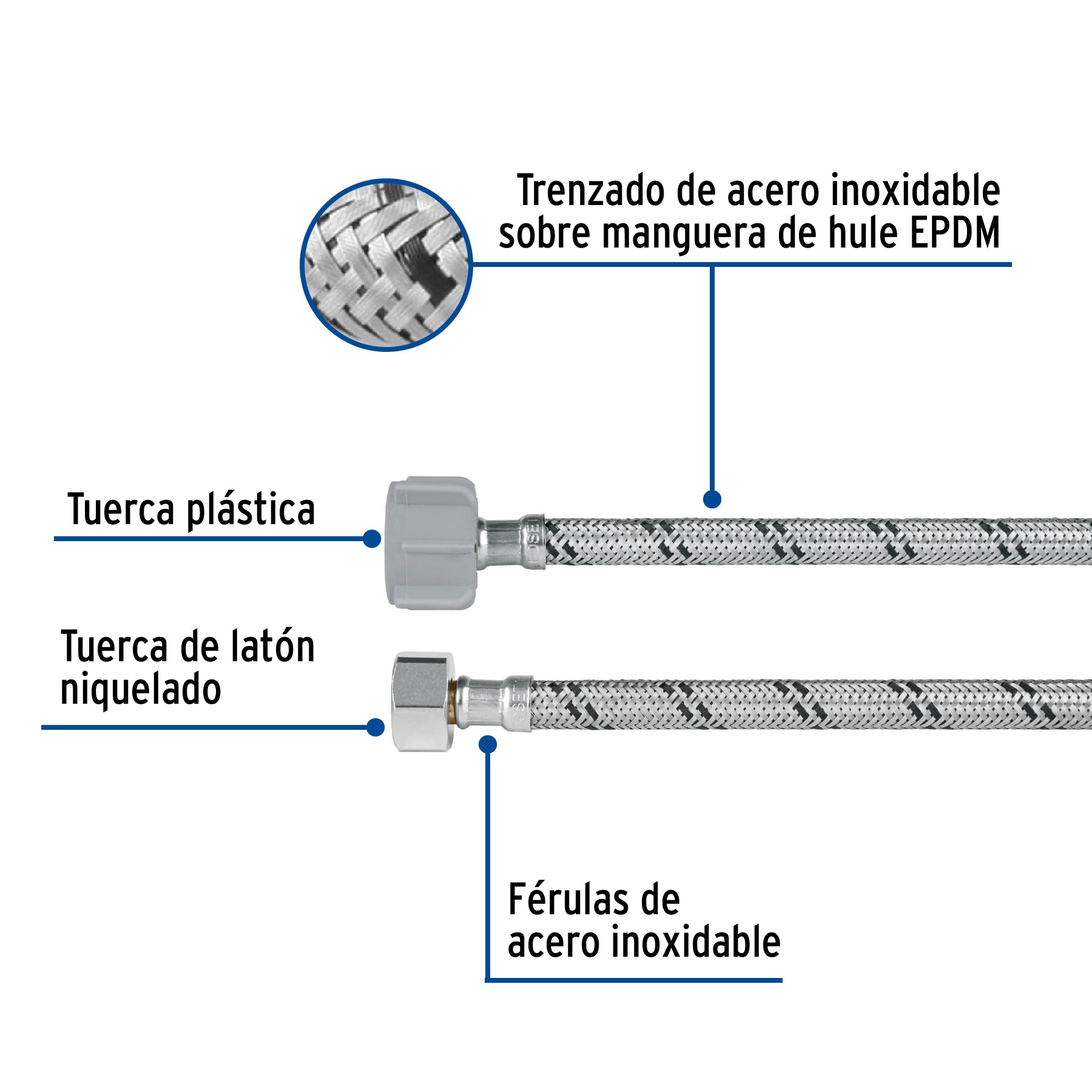 Manguera p/WC, acero inox, 1/2'x7/8', 50 cm, plástico/latón