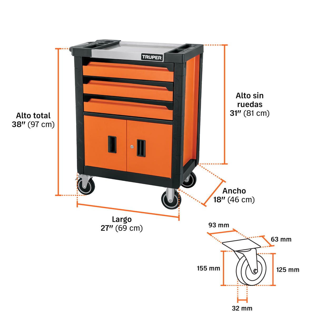 Gabinete metálico móvil, 4 cajones, capacidad 90 kg.