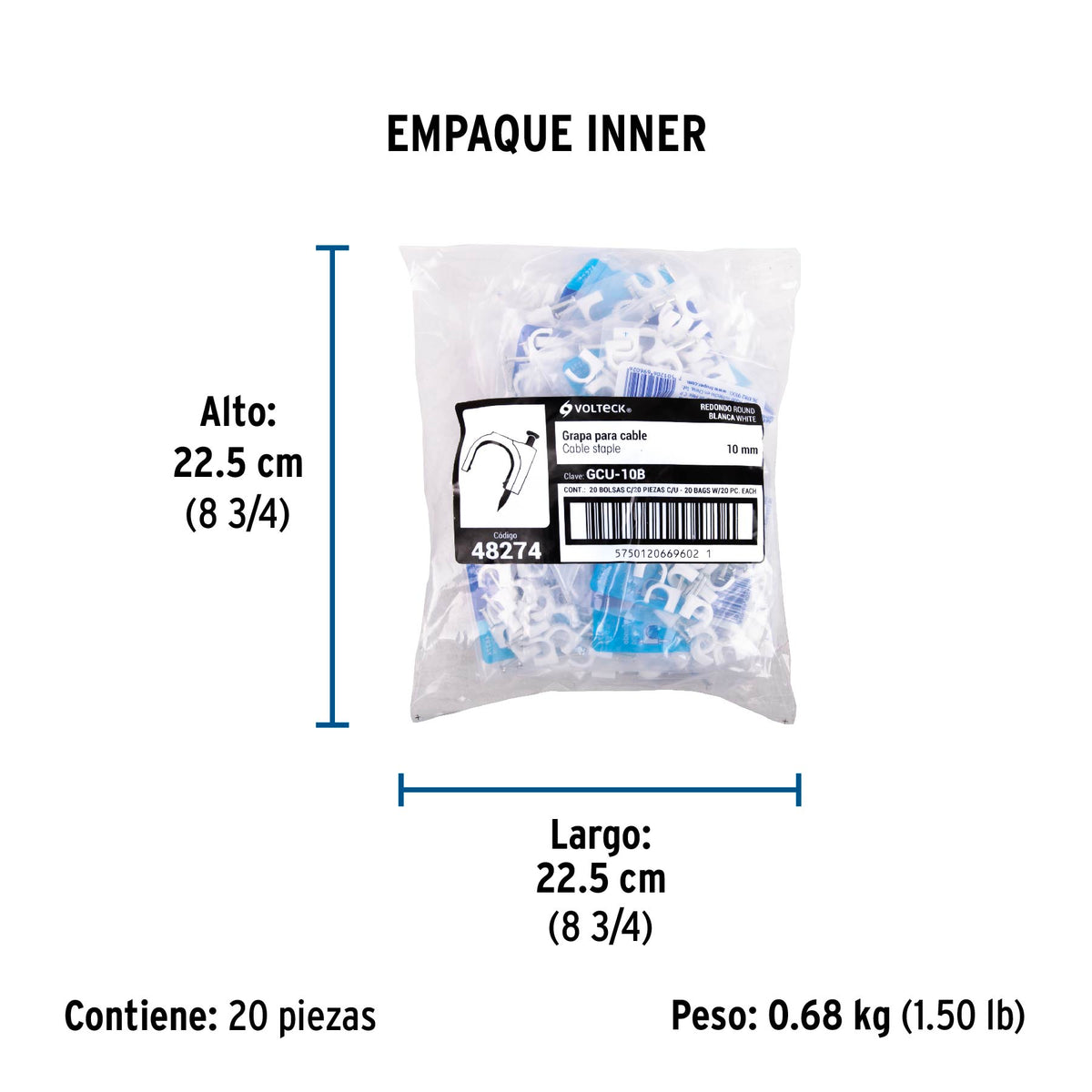 Grapa para cable redondo, 10 mm, blanca, bolsa con 20 piezas