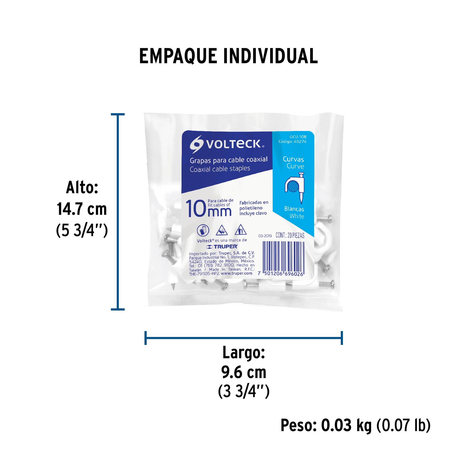 Grapa para cable redondo, 10 mm, blanca, bolsa con 20 piezas