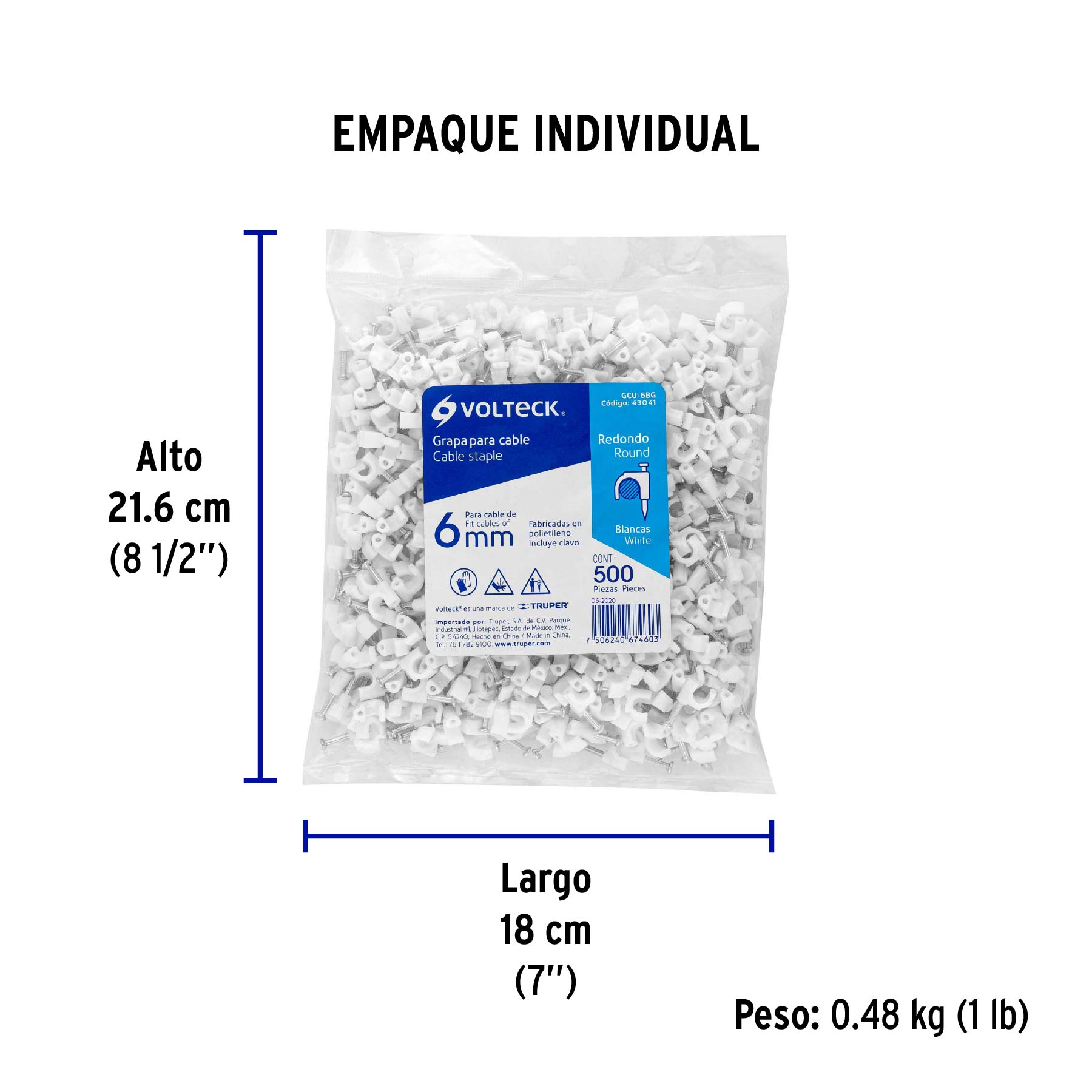 Grapa para cable redondo, 6 mm, blanca, bolsa 500 piezas