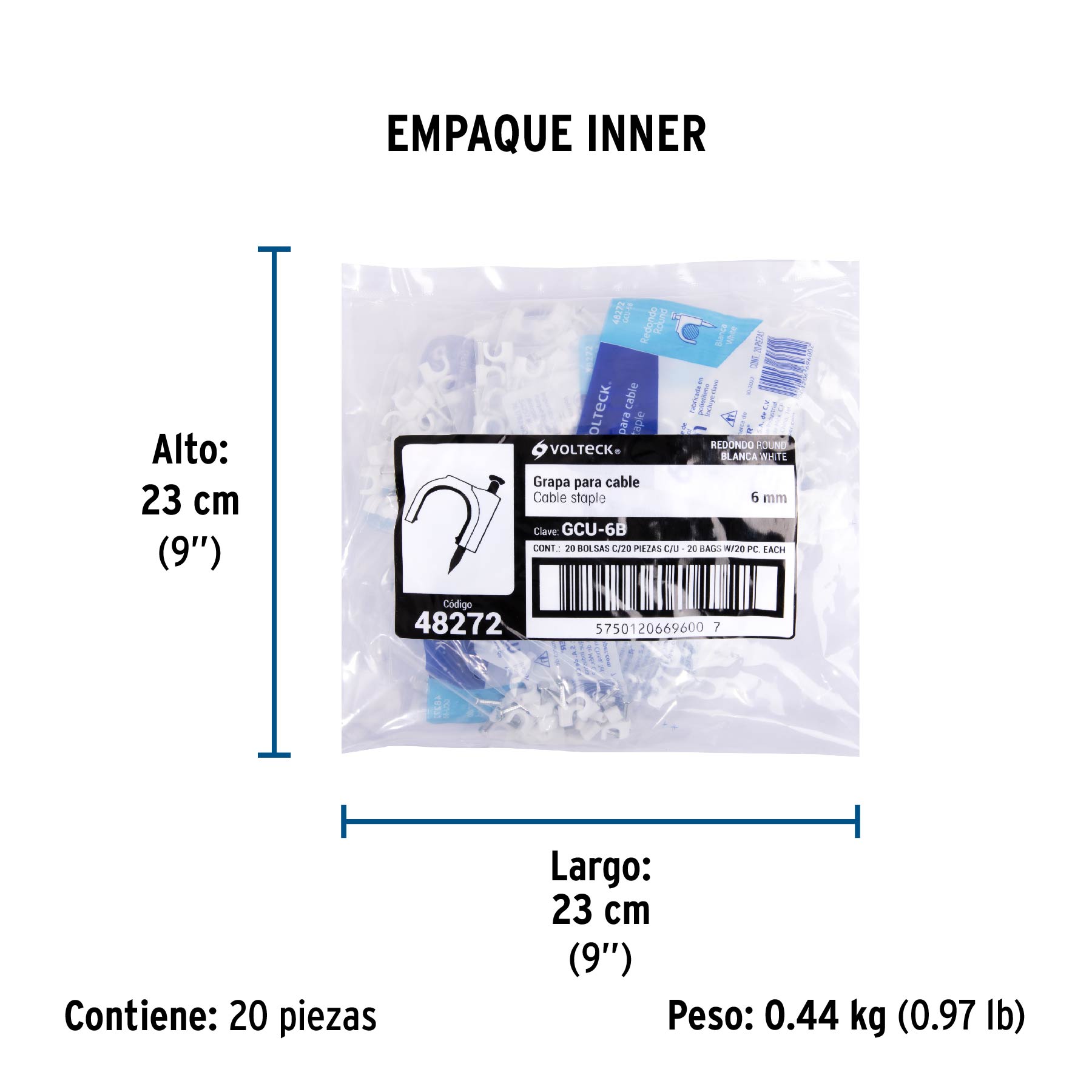 Grapa para cable redondo, 6 mm, blanca, bolsa con 20 piezas