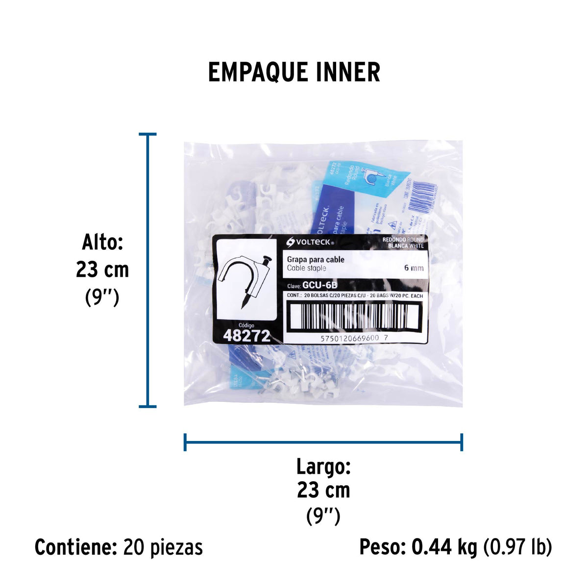 Grapa para cable redondo, 6 mm, blanca, bolsa con 20 piezas