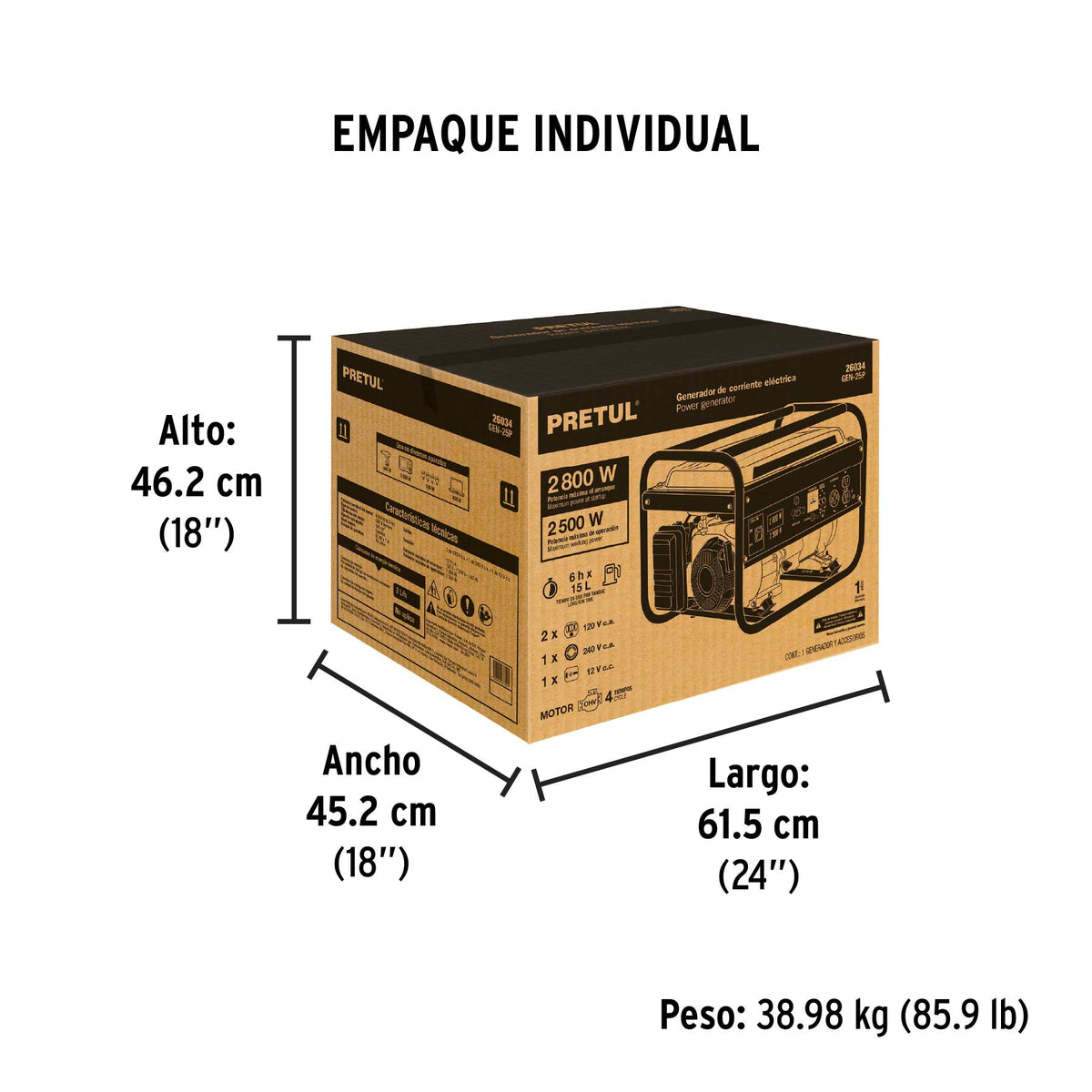 Generador eléctrico a gasolina, 2,500 w, Pretul