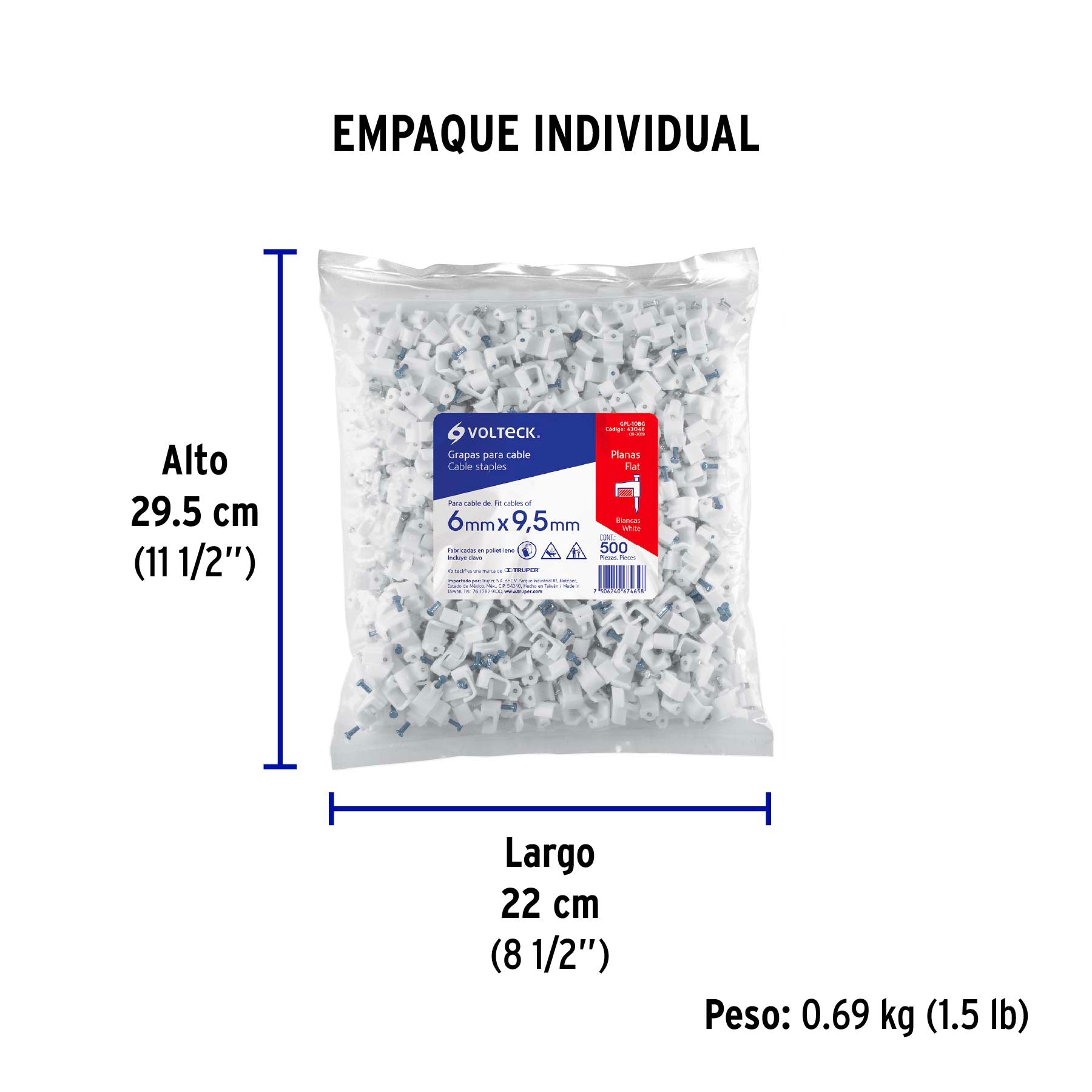 Grapa para cable plano, 6 x 9.5 mm, blanca, bolsa 500 pzas