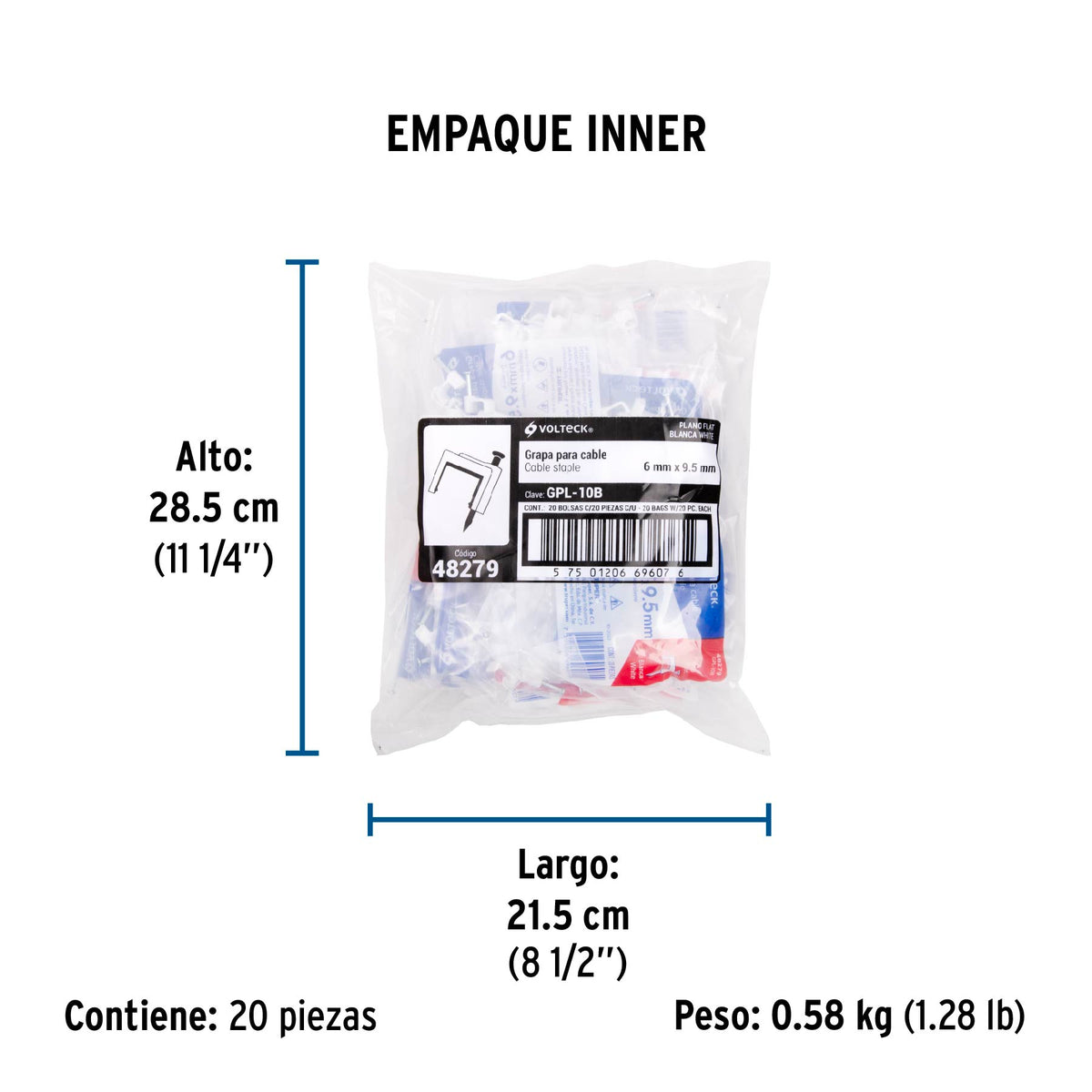Grapa para cable plano, 6 X 9.5 mm, blanca, bolsa 20 pzas