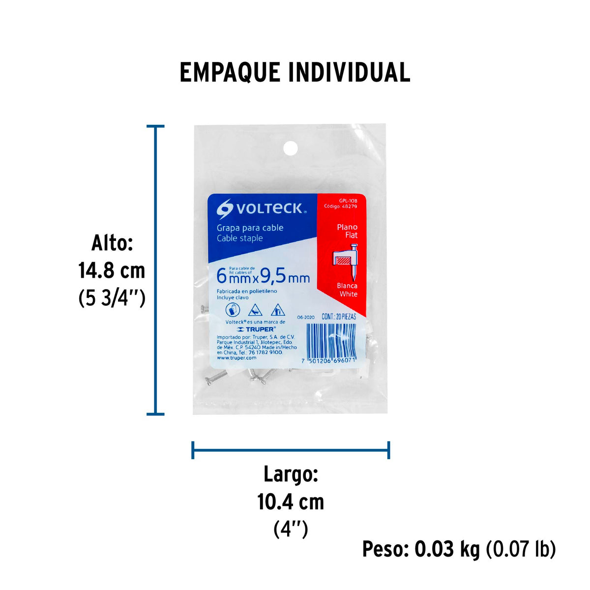 Grapa para cable plano, 6 X 9.5 mm, blanca, bolsa 20 pzas