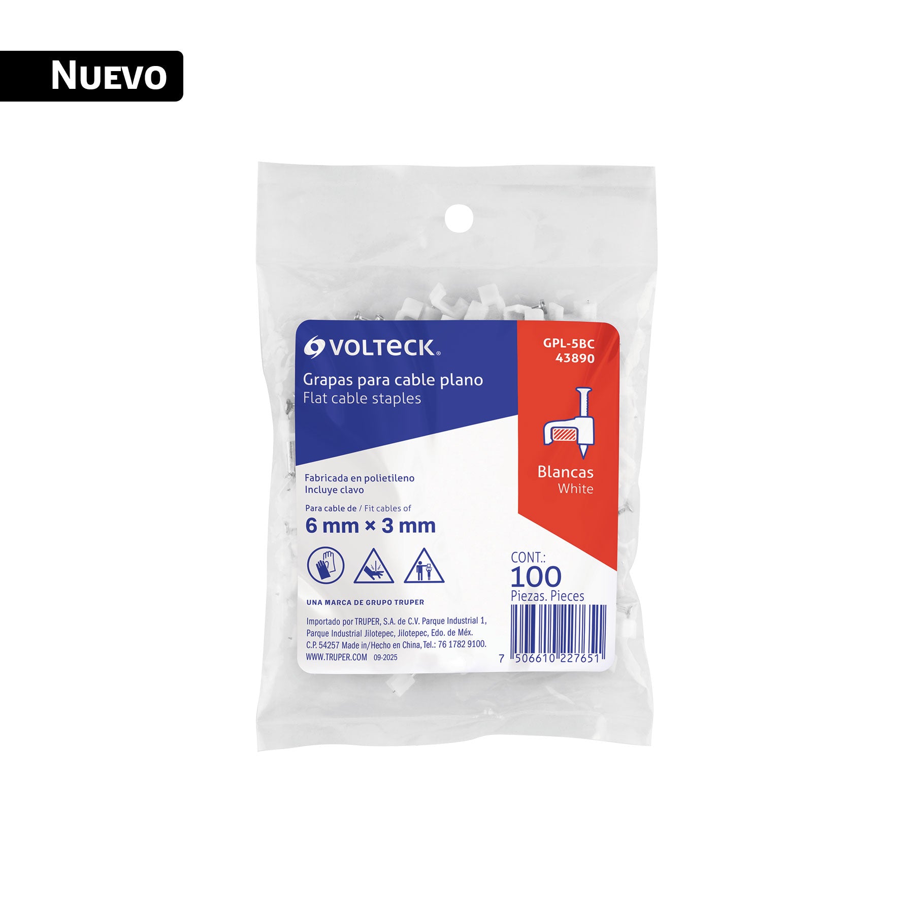 Bolsa con 100 grapas blancas de 6 mm para cable plano