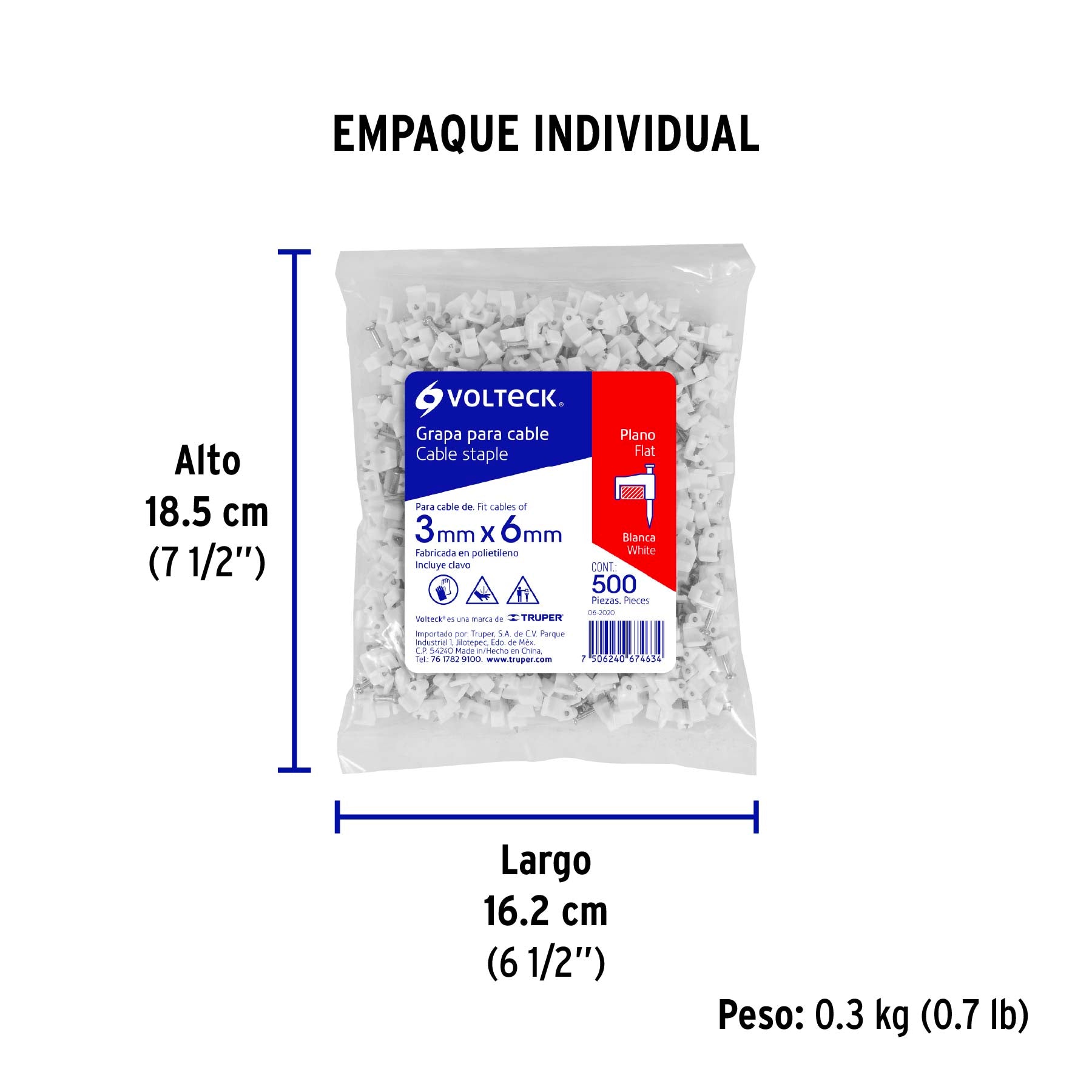 Grapa para cable plano, 3 X 6 mm, blanca, bolsa 500 pzas